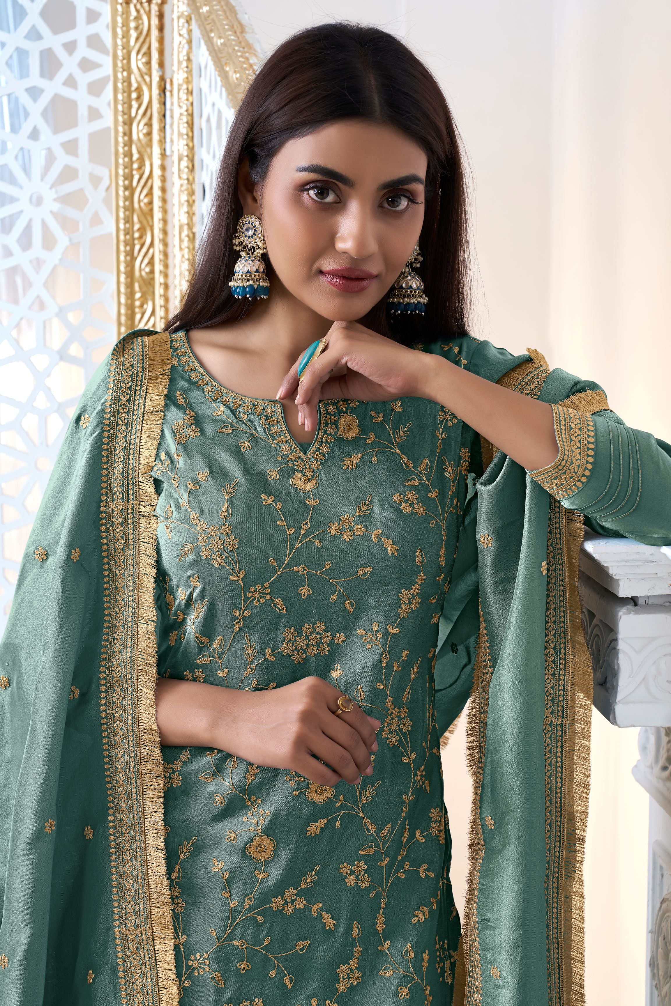 Golden Teal Banarasi Kurta & Palazzo Set
