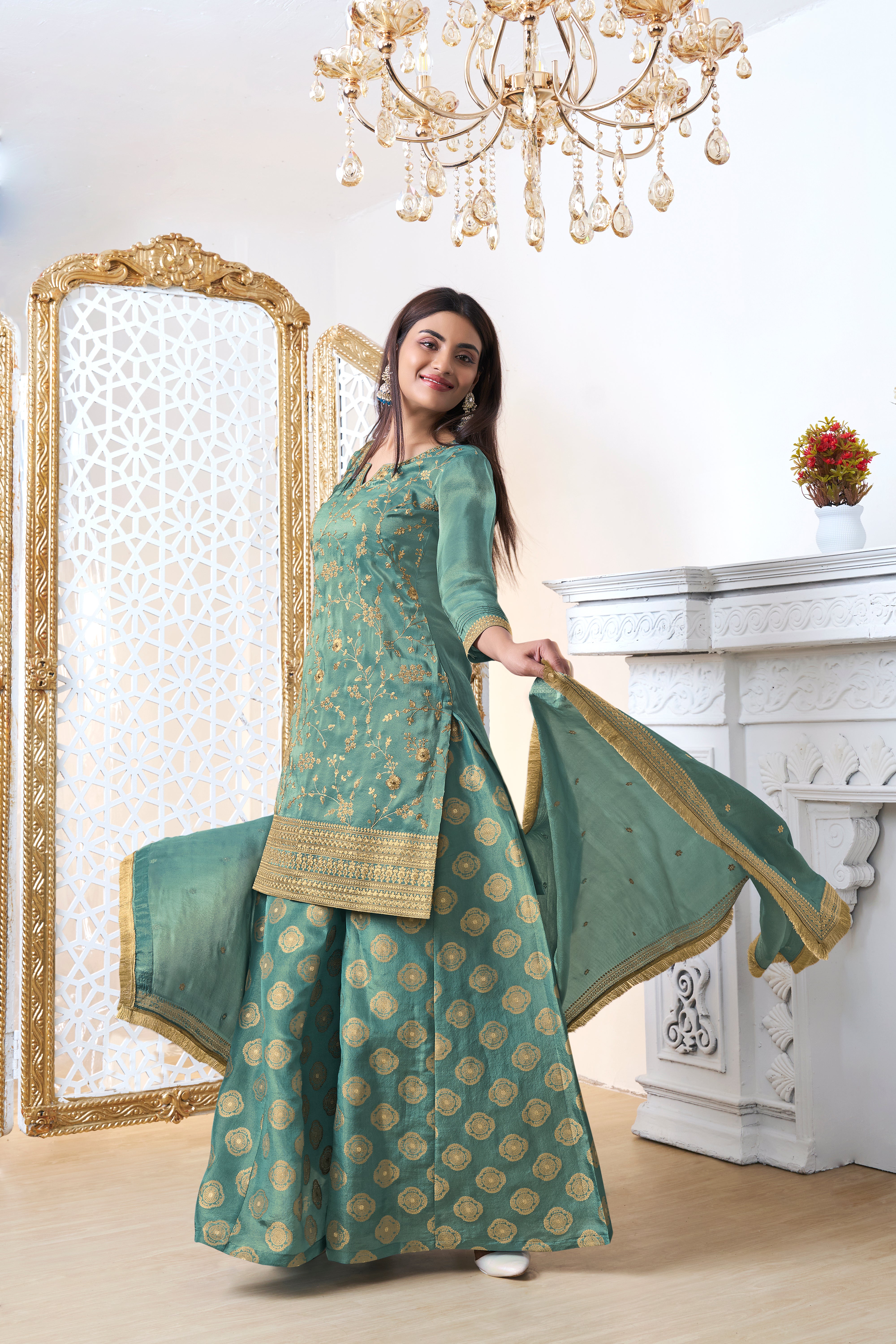 Golden Teal Banarasi Kurta & Palazzo Set