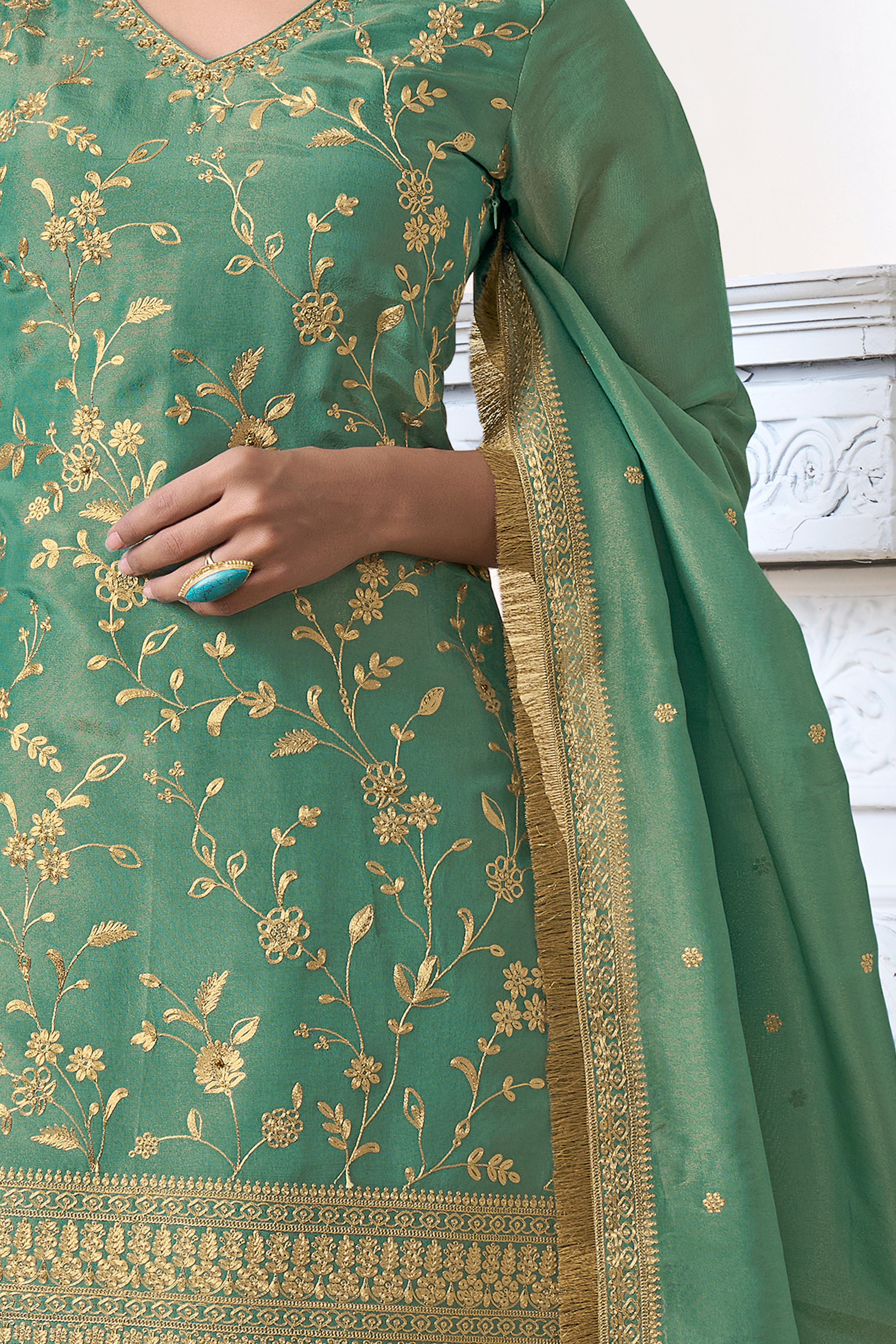 Golden Green Banarasi Kurta & Palazzo Set