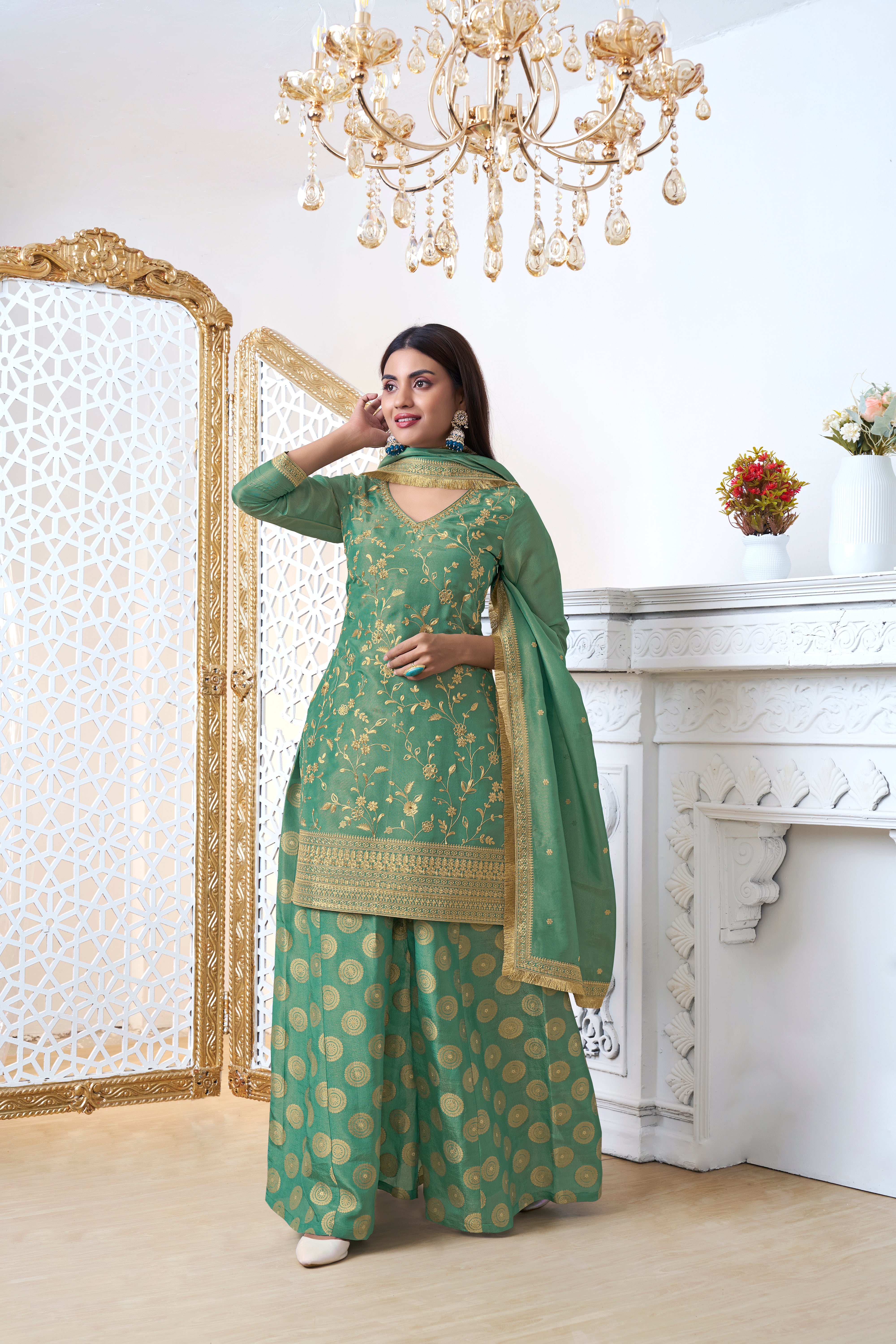 Golden Green Banarasi Kurta & Palazzo Set