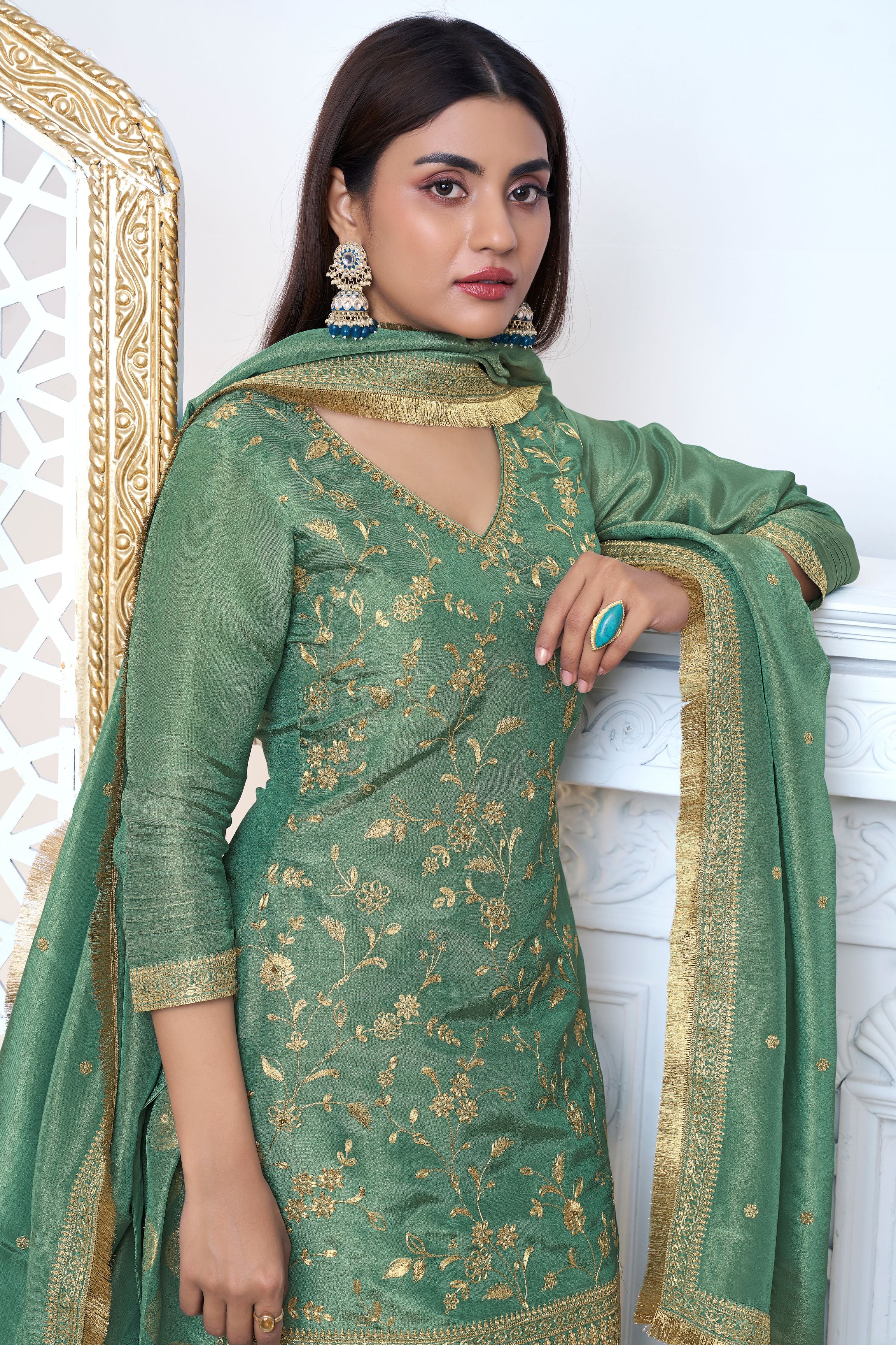 Golden Green Banarasi Kurta & Palazzo Set