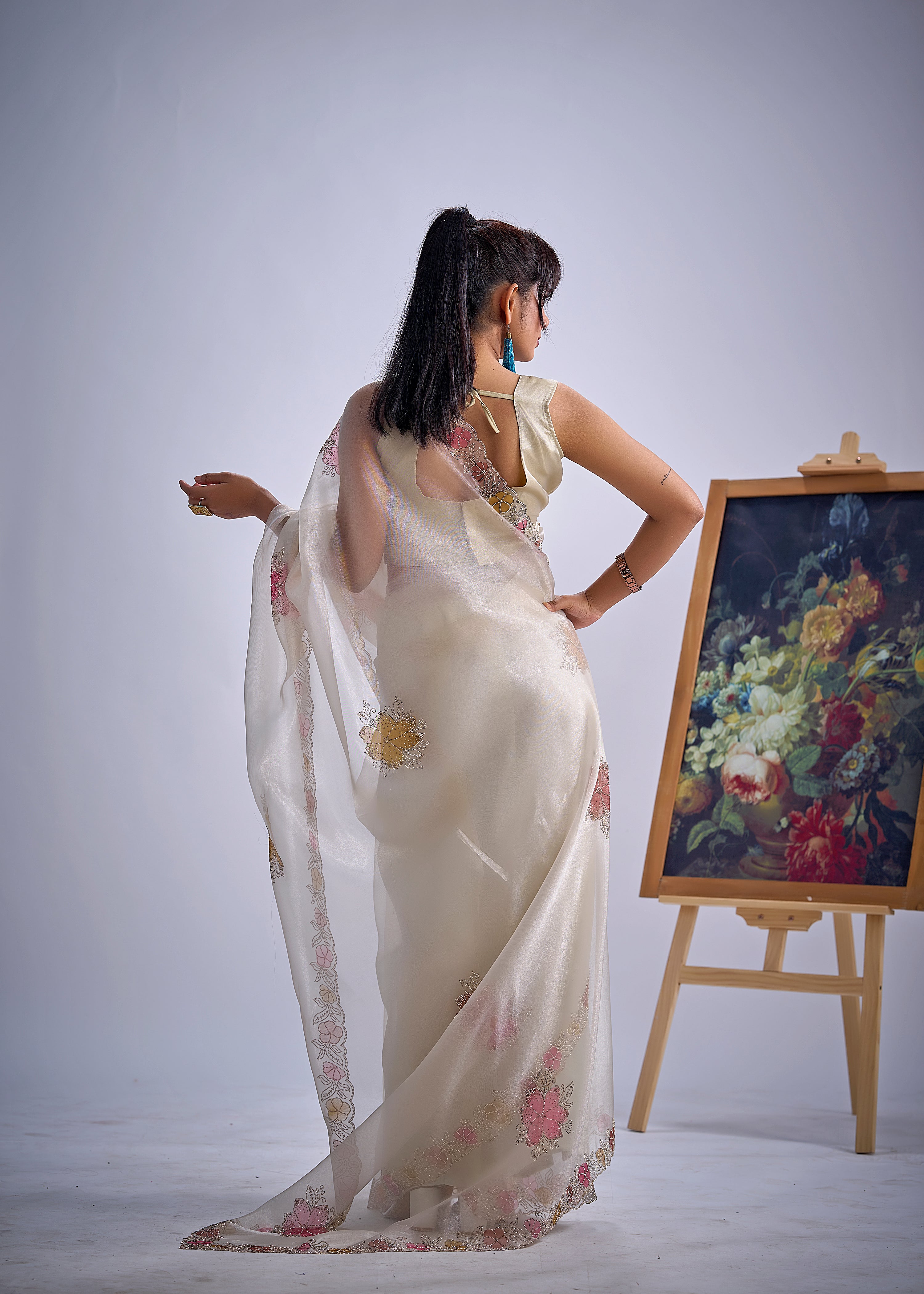 Shimmer Ivory Embellished Organza Tissue Saree