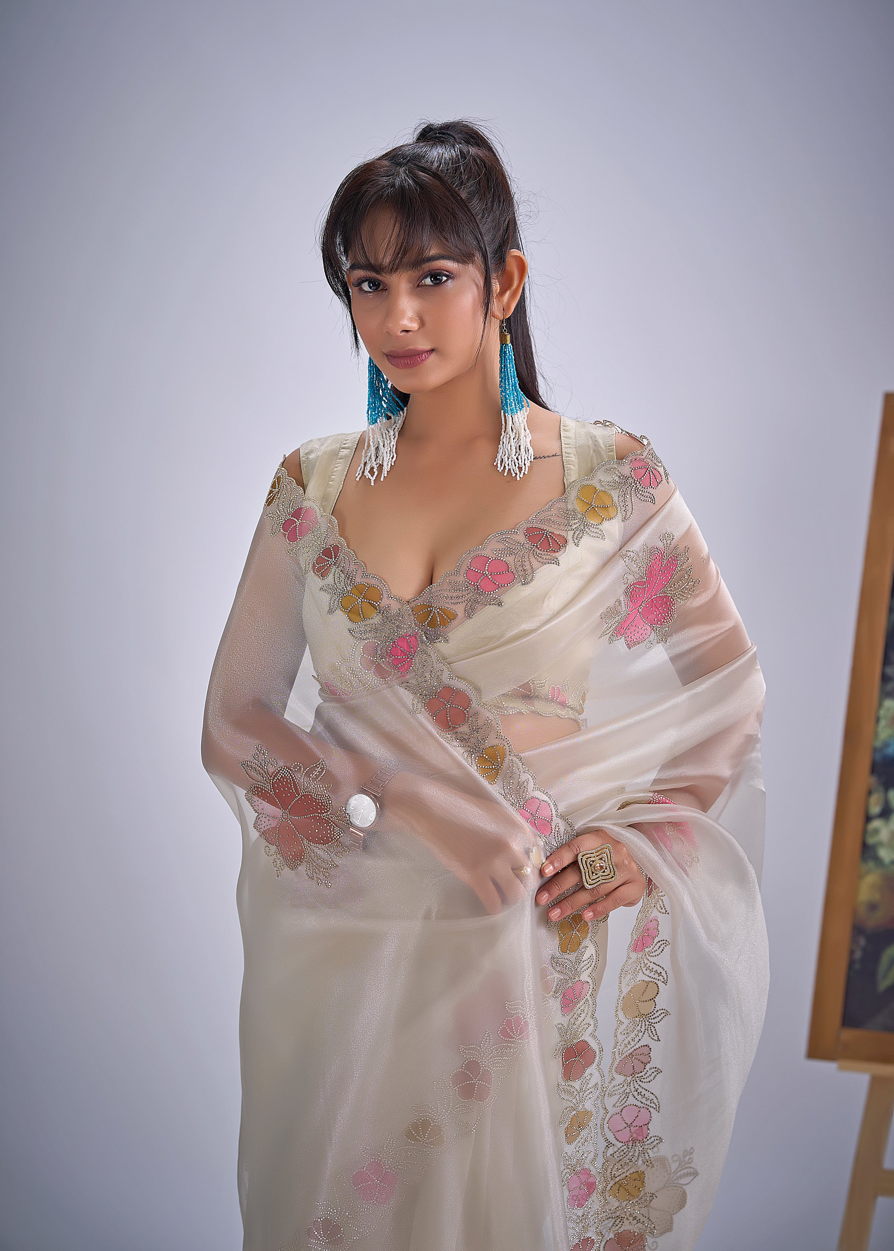 Shimmer Ivory Embellished Organza Tissue Saree
