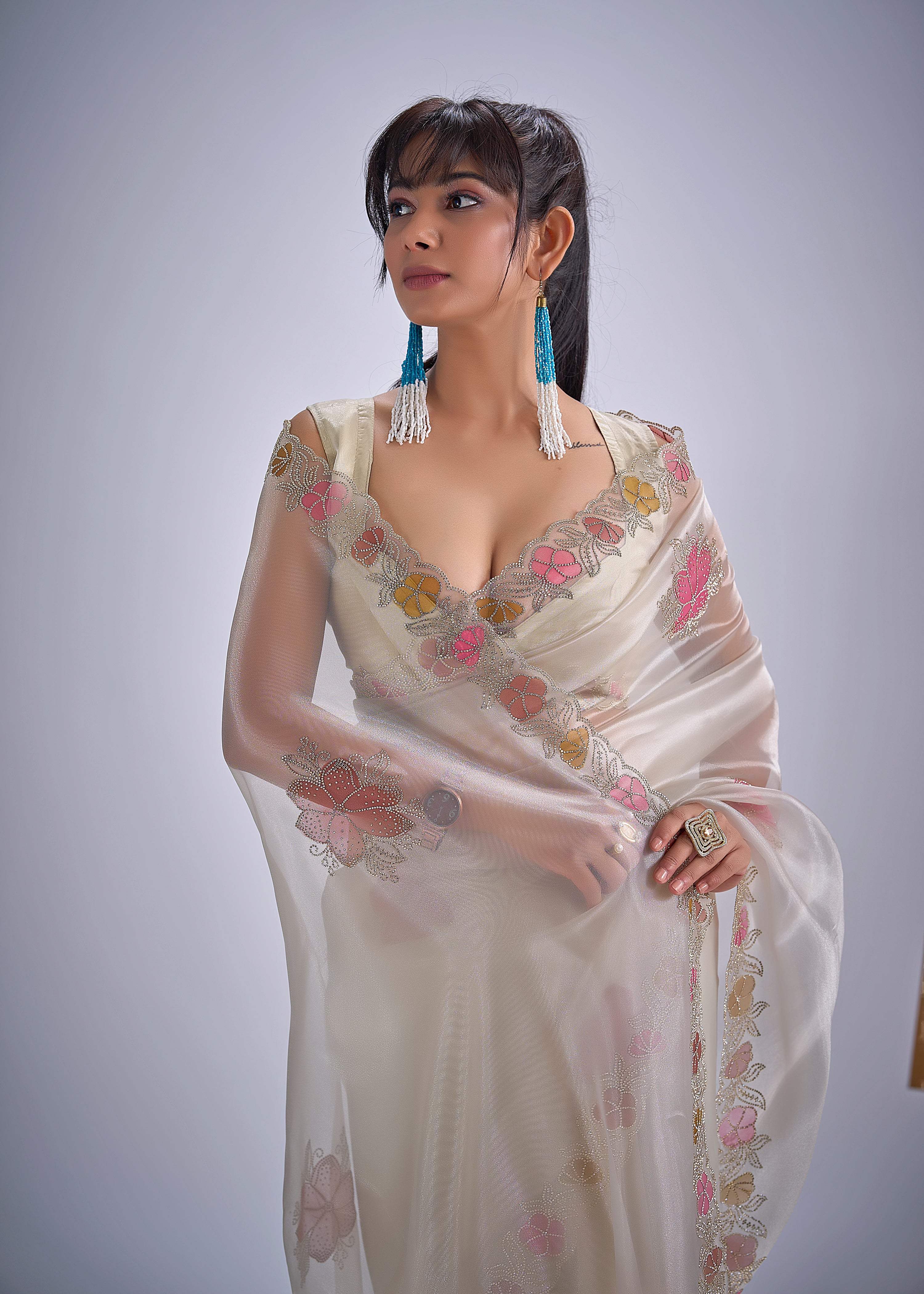 Shimmer Ivory Embellished Organza Tissue Saree
