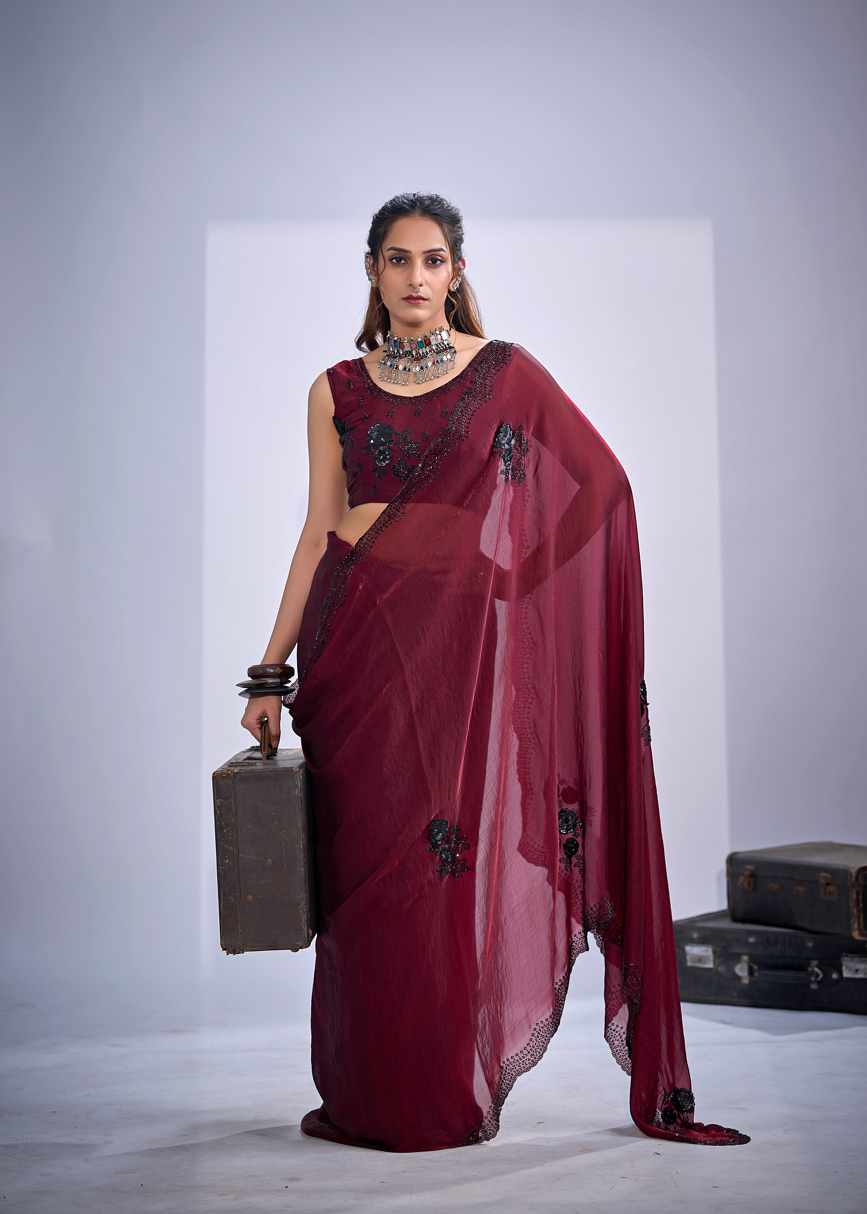 Deep Wine Embellished Tissue Silk Saree