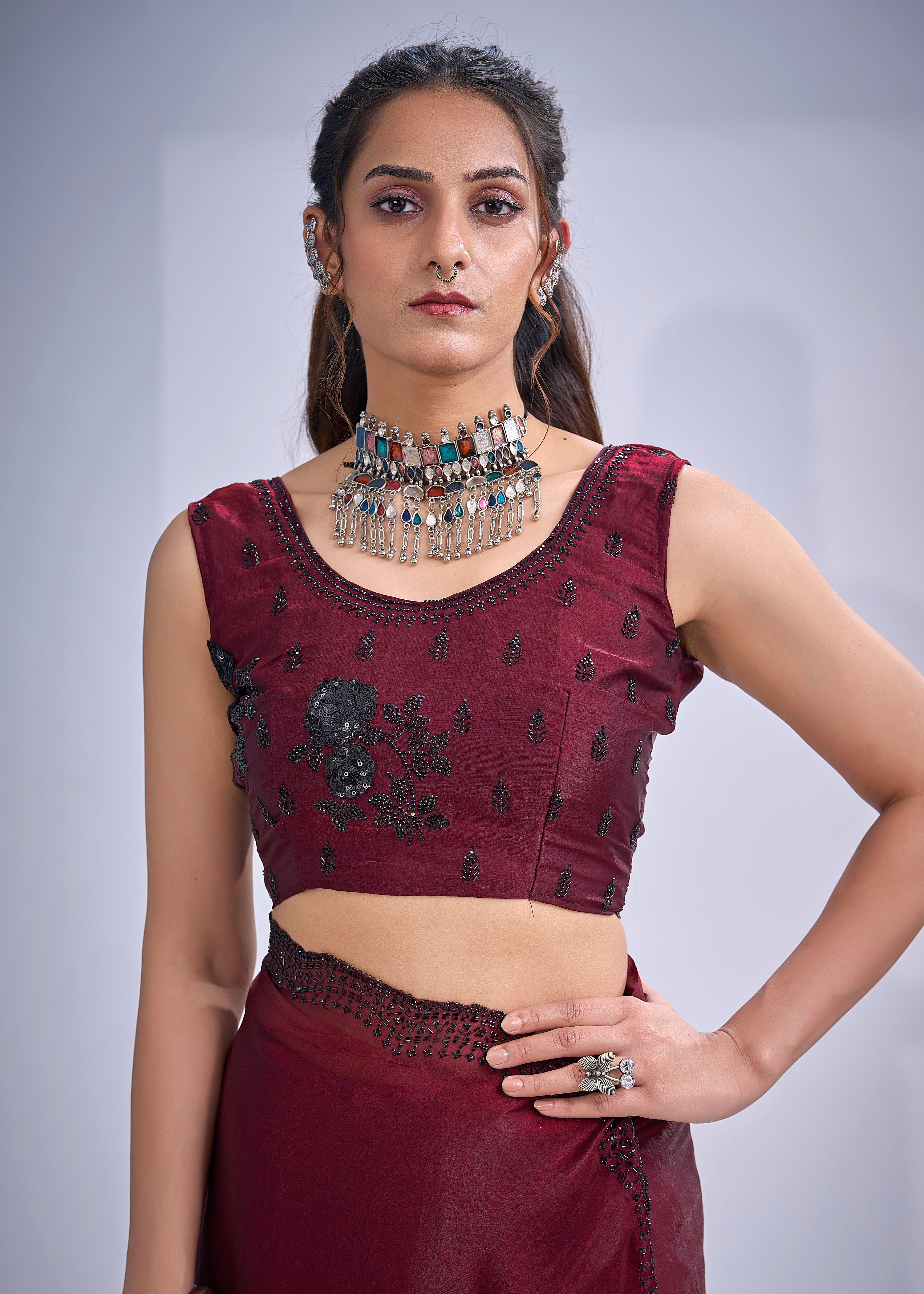 Deep Wine Embellished Tissue Silk Saree