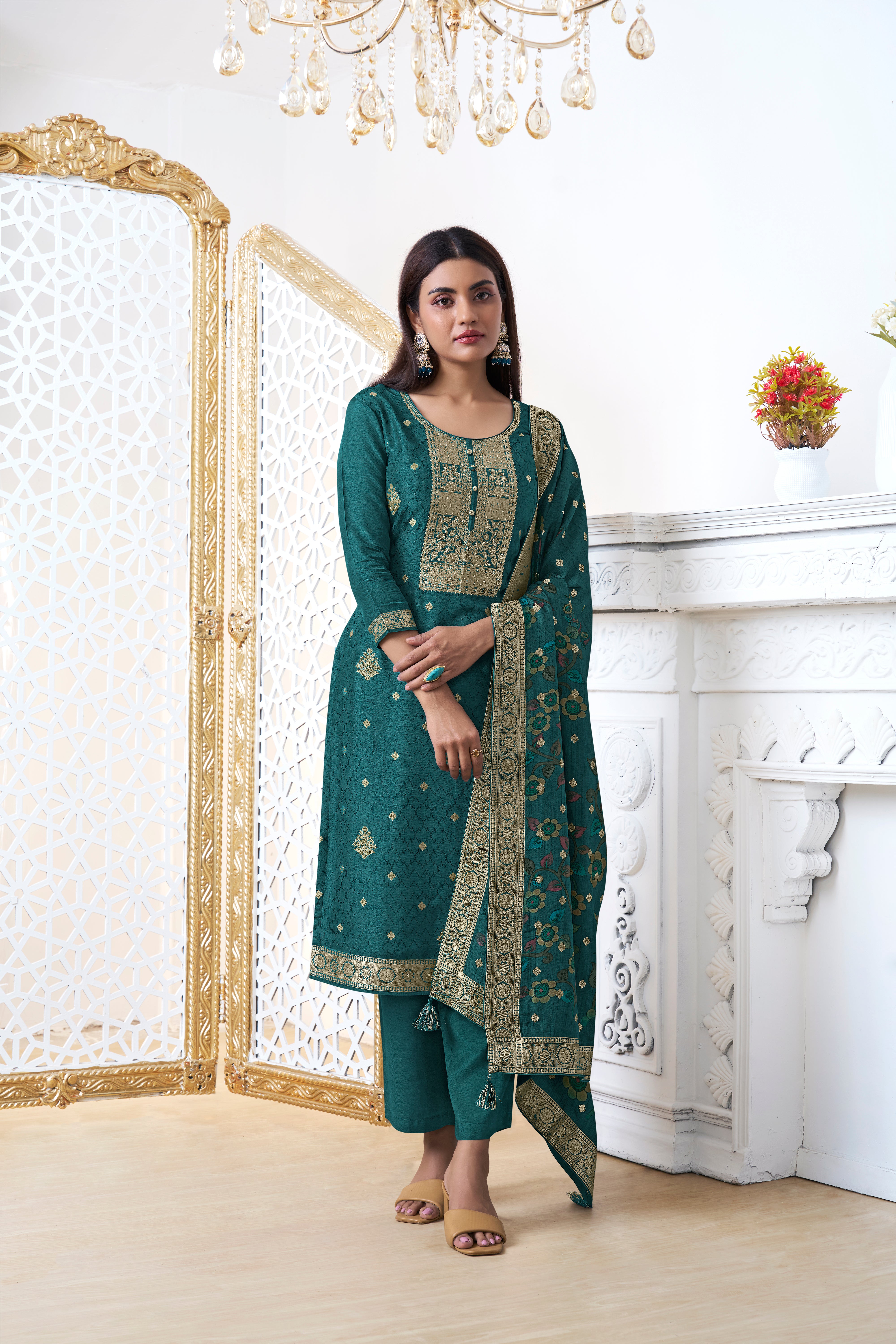 Teal Green Dola Silk Kurta & Pant Set