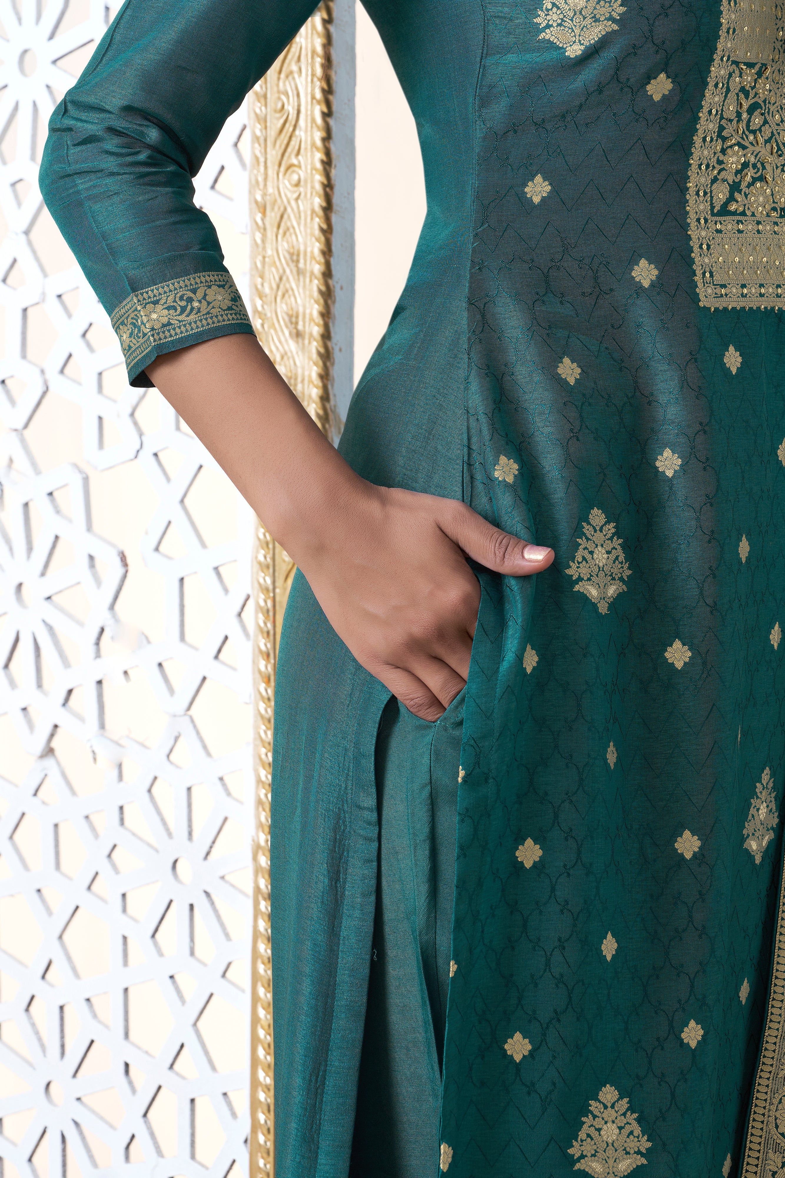 Teal Green Dola Silk Kurta & Pant Set