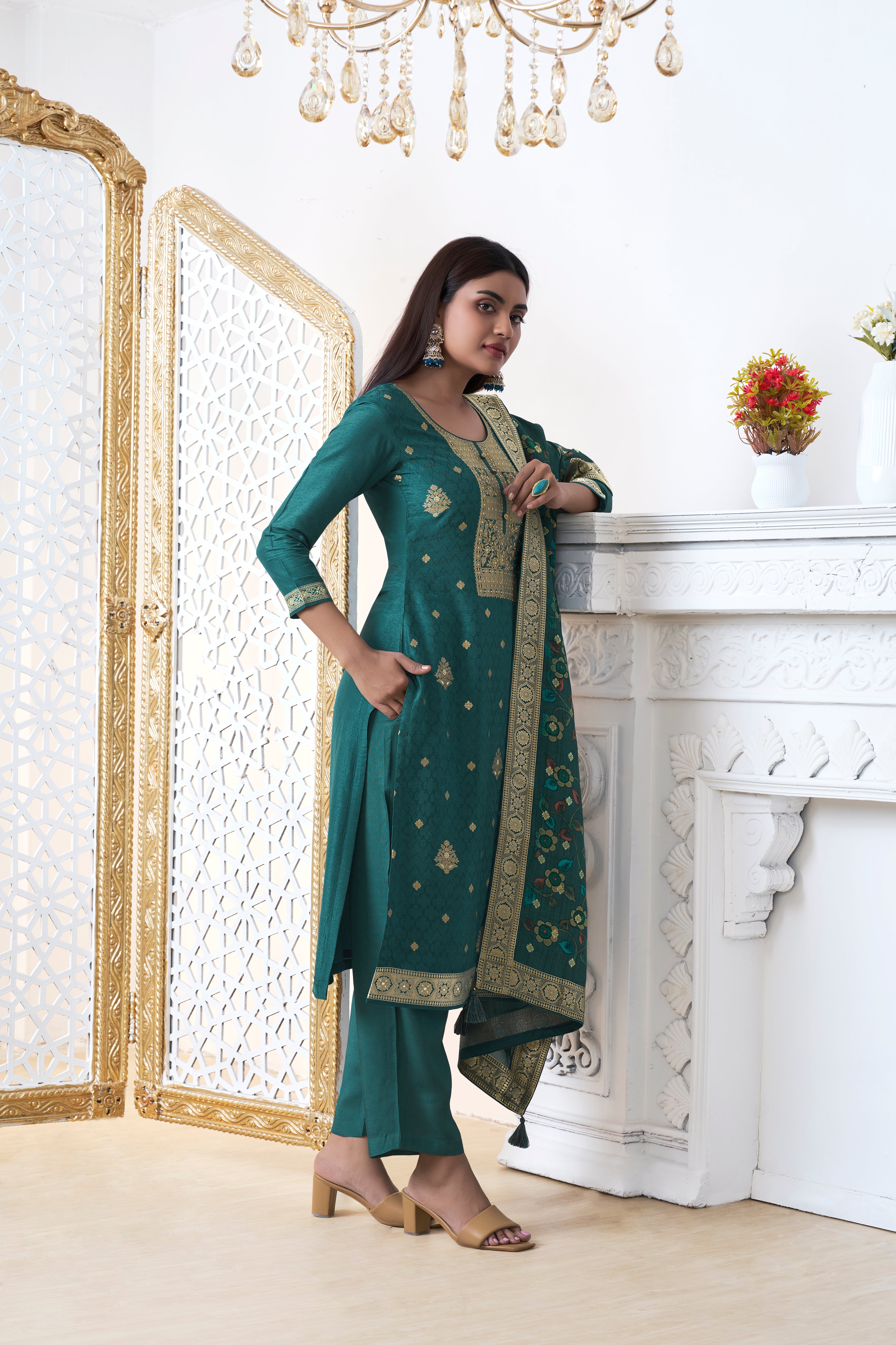 Teal Green Dola Silk Kurta & Pant Set