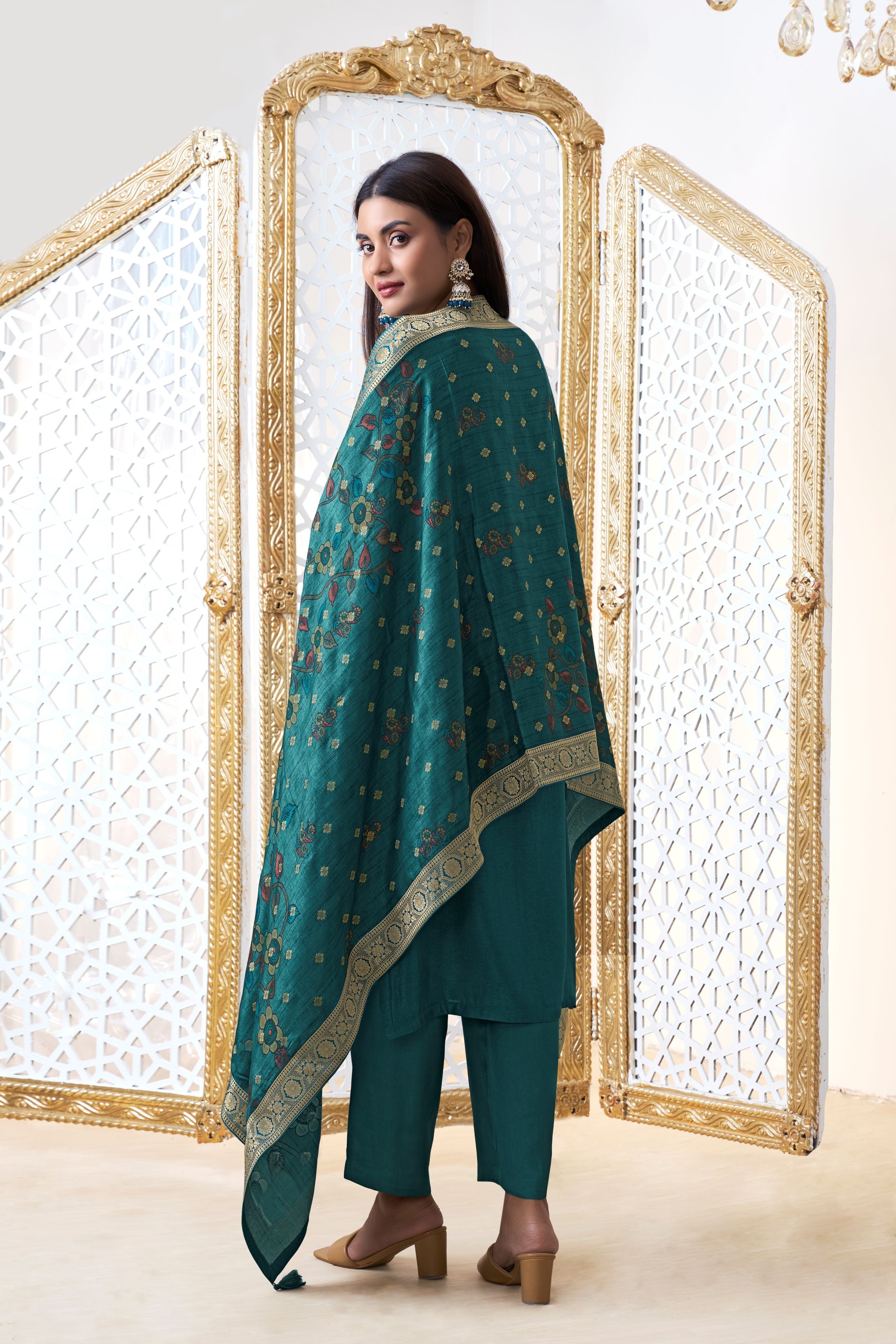 Teal Green Dola Silk Kurta & Pant Set