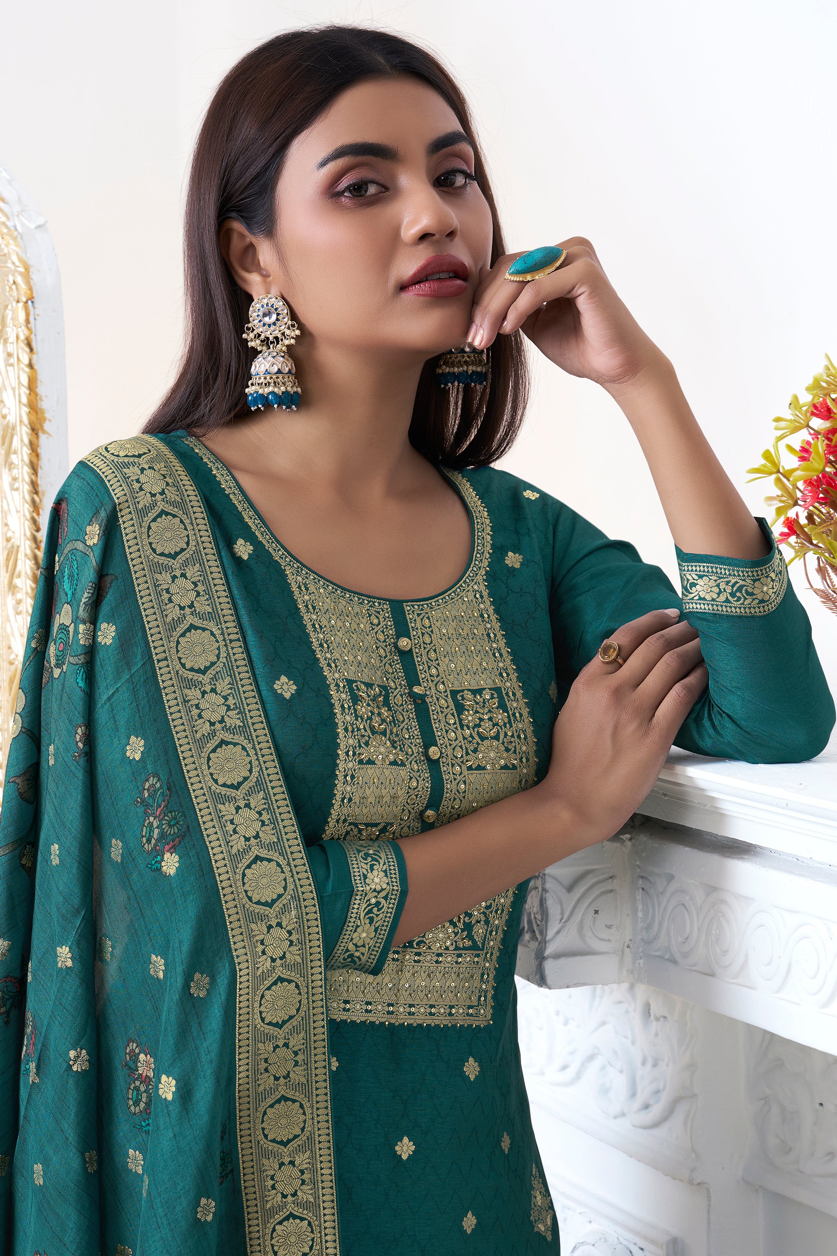 Teal Green Dola Silk Kurta & Pant Set
