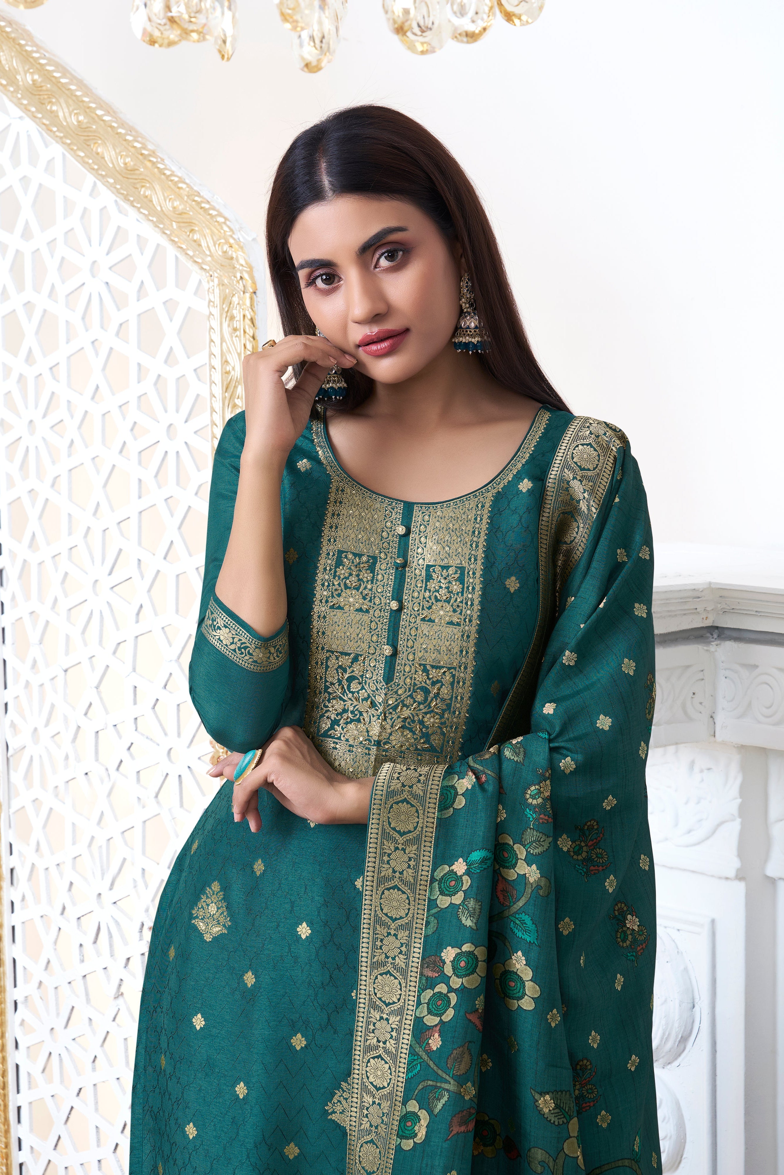 Teal Green Dola Silk Kurta & Pant Set