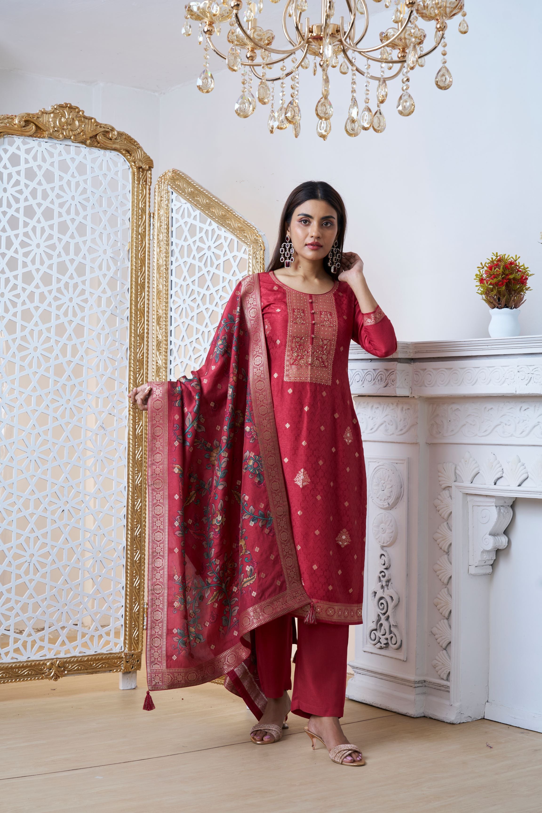 Maroon Dola Silk Kurta & Pant Set