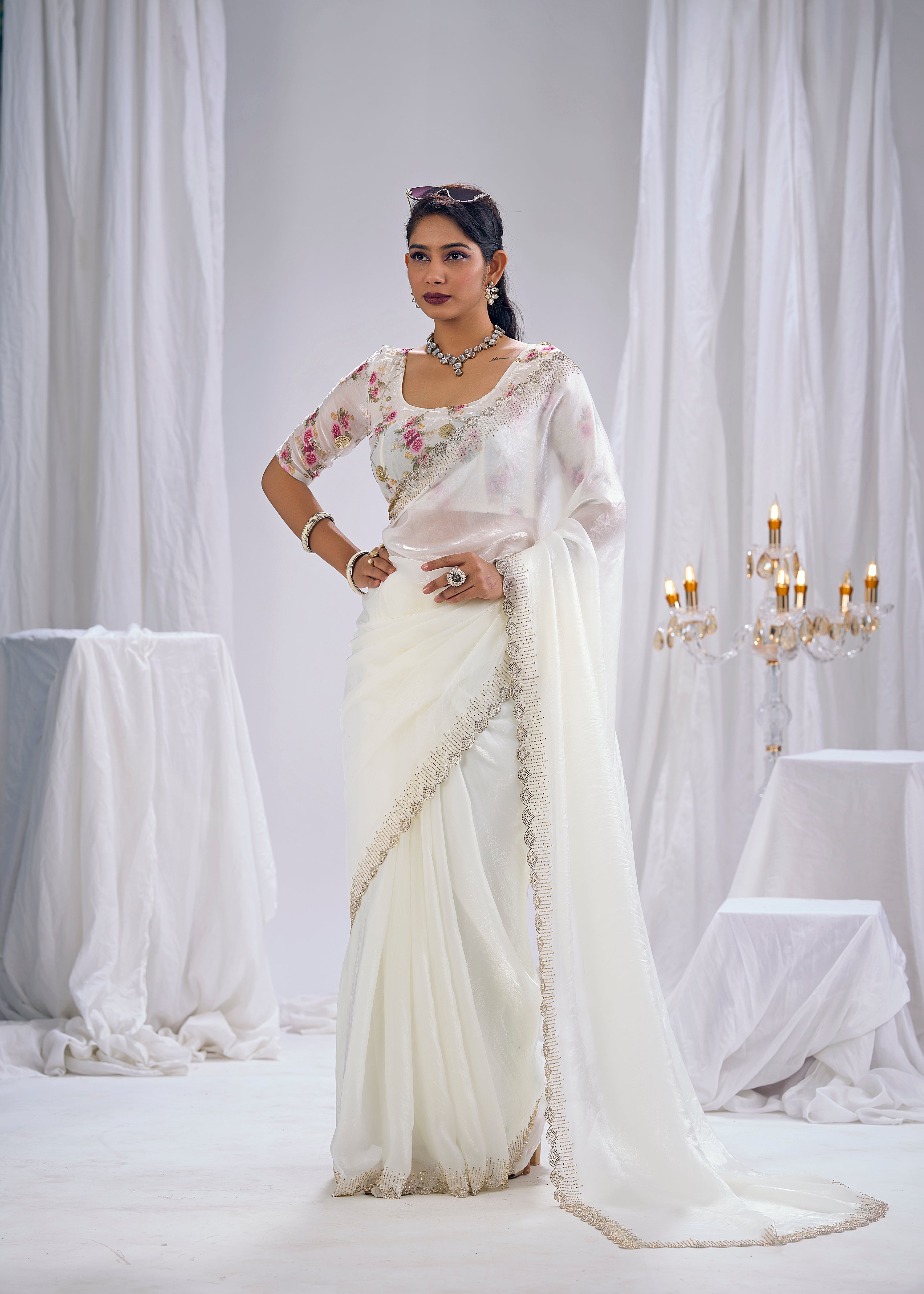 Pearl White Embellished Tissue Silk Saree