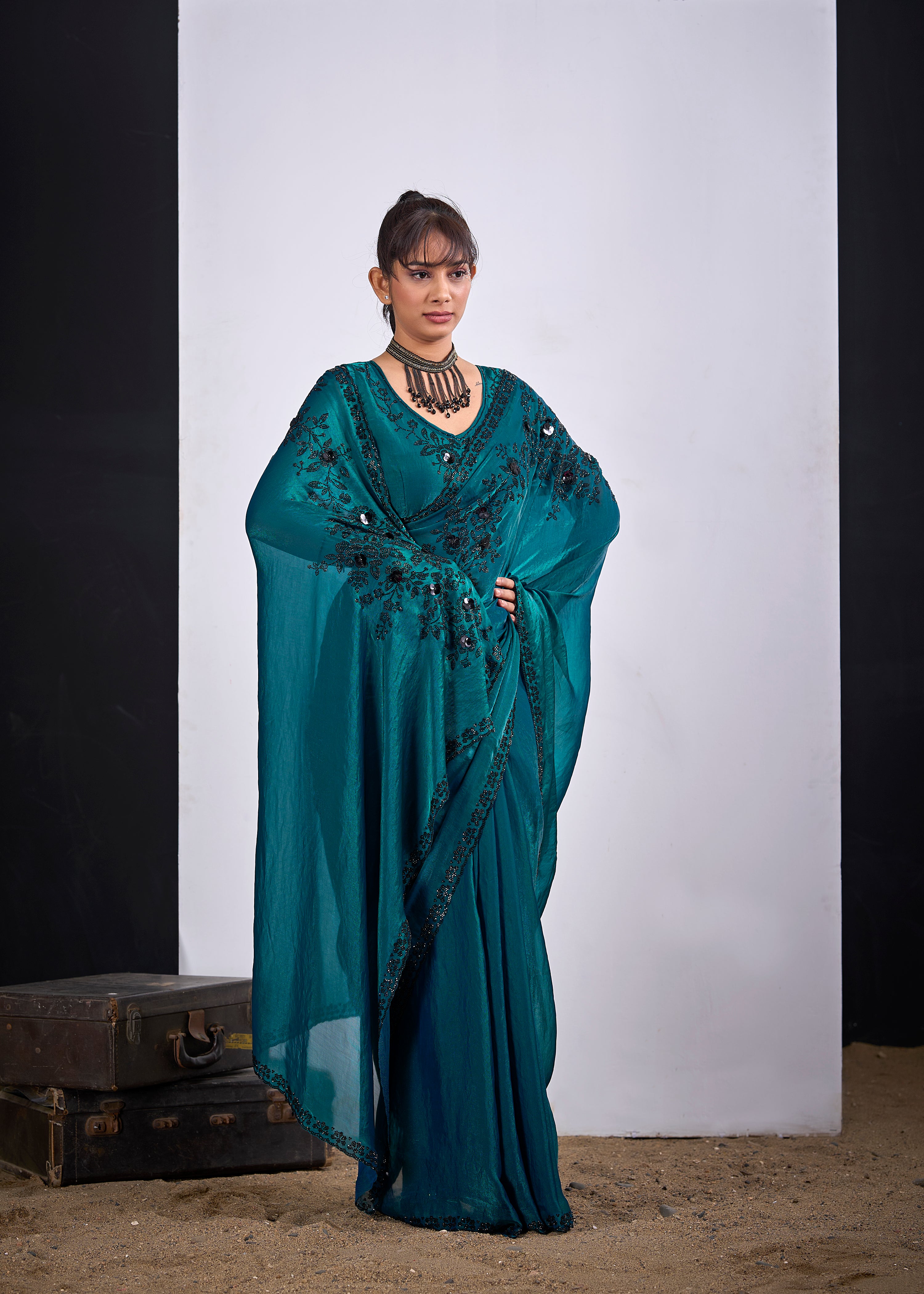 Teal Blue Floral Embellished Tissue Silk Saree