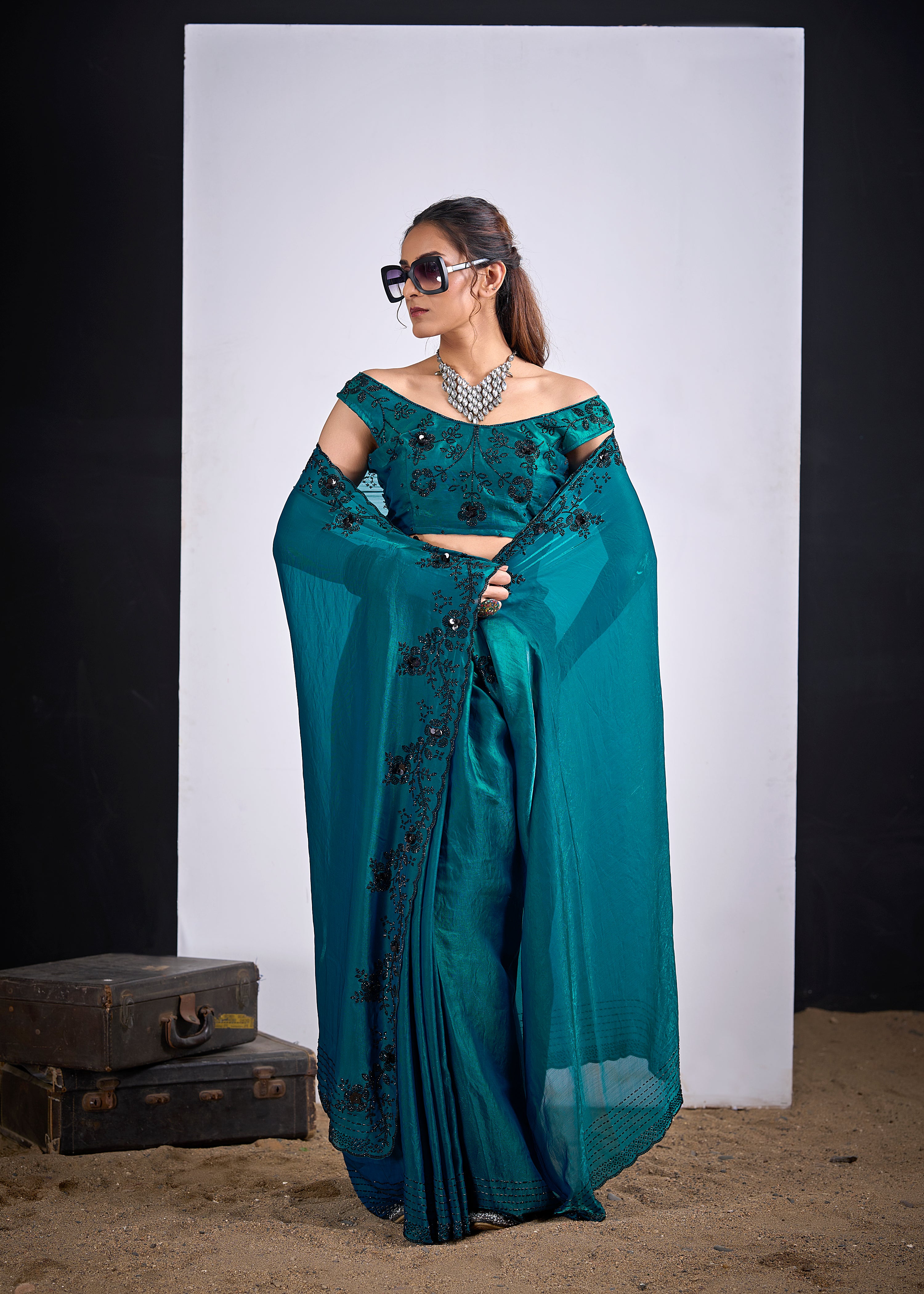 Teal Blue Embellished Satin Silk Saree