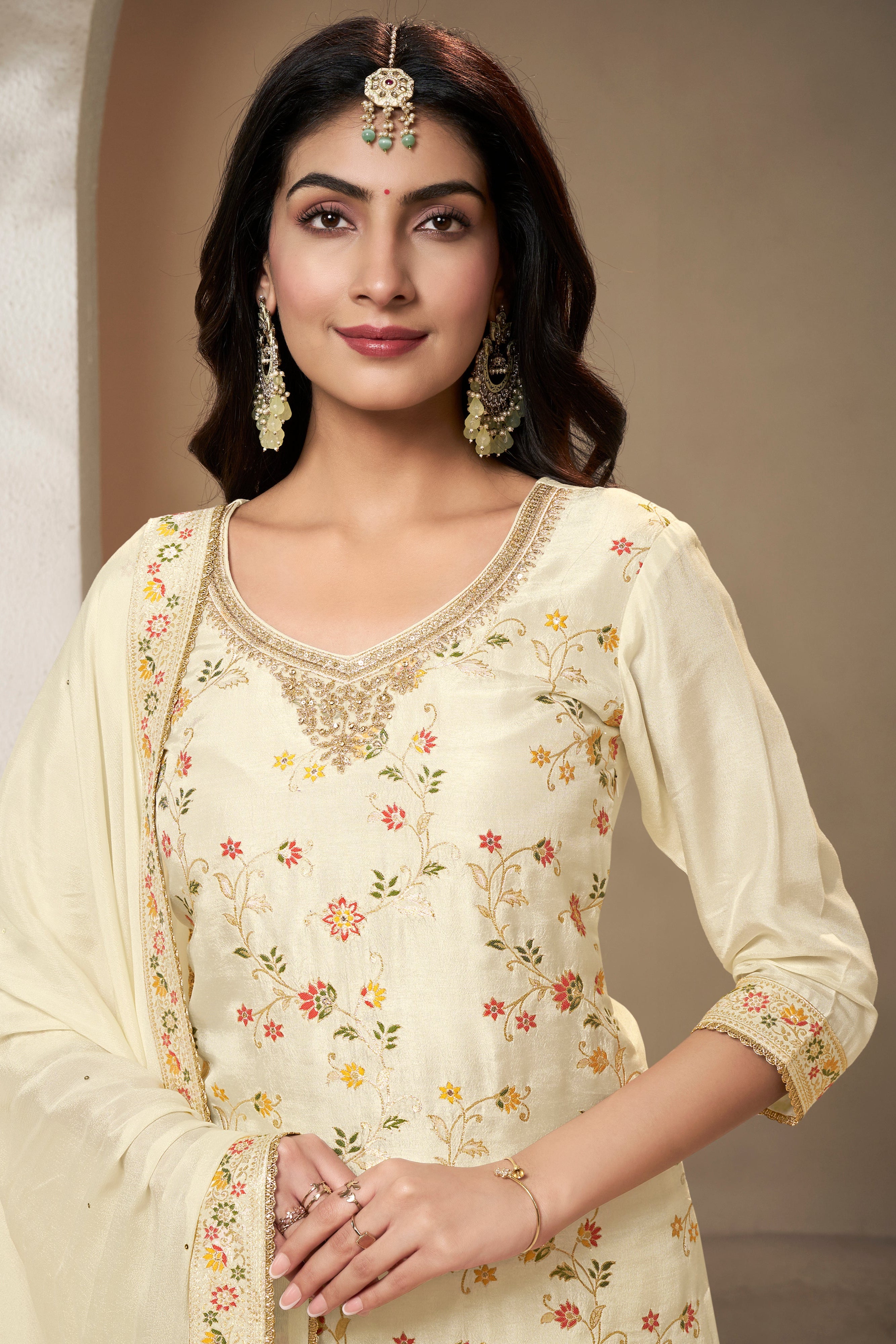 Cream Dola Silk Kurta & Divider Sharara Set