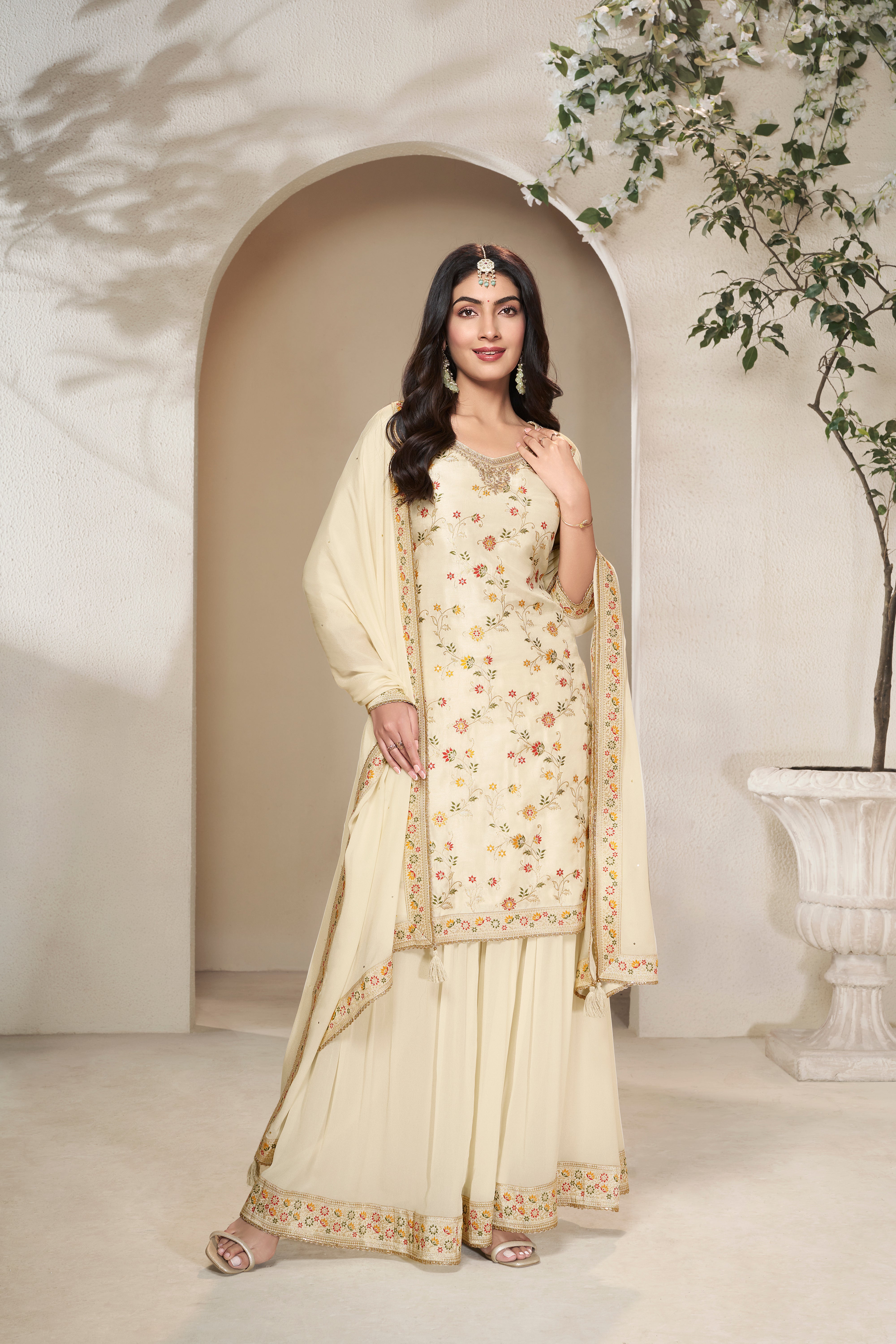 Cream Dola Silk Kurta & Divider Sharara Set
