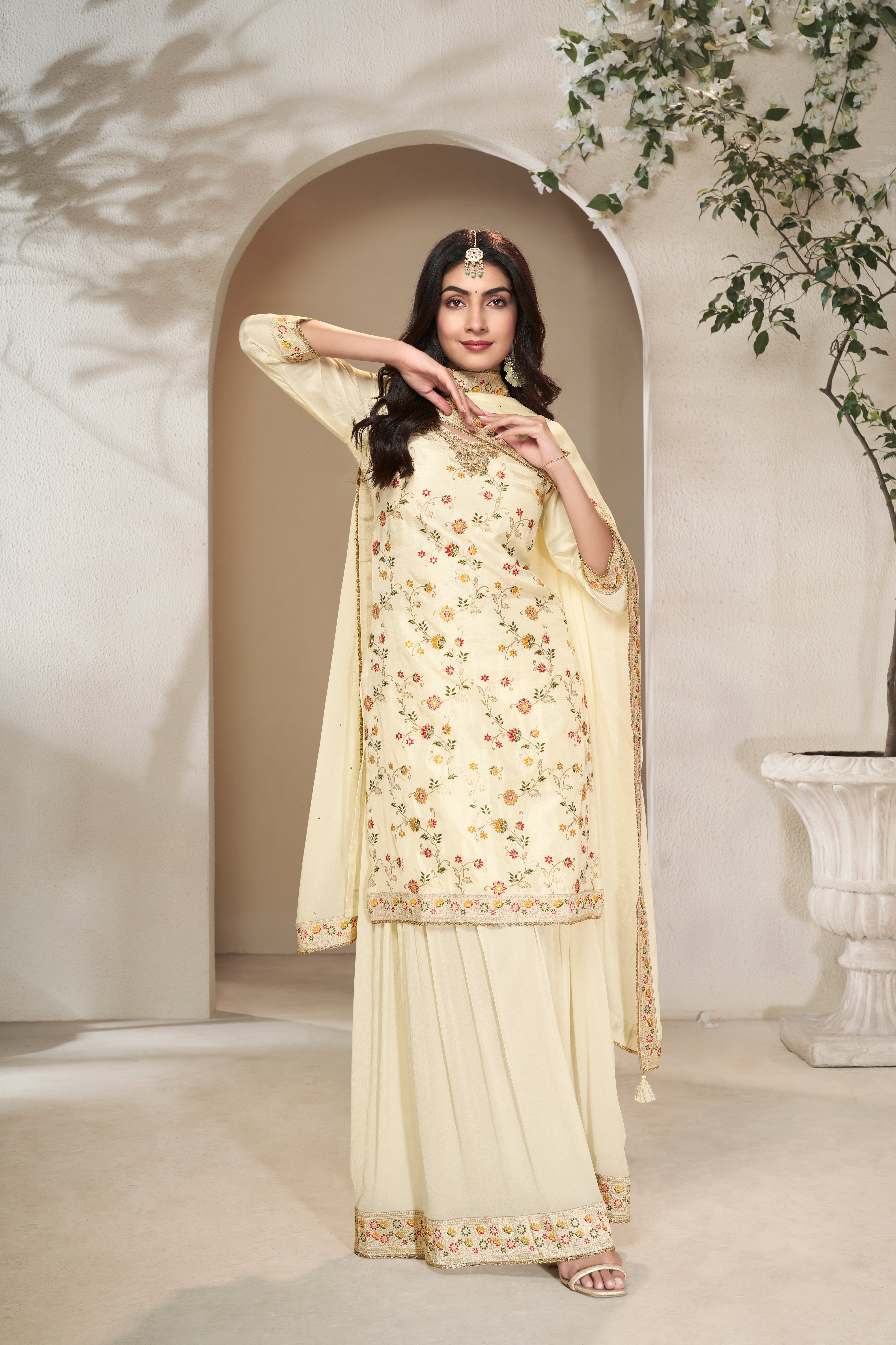 Cream Dola Silk Kurta & Divider Sharara Set