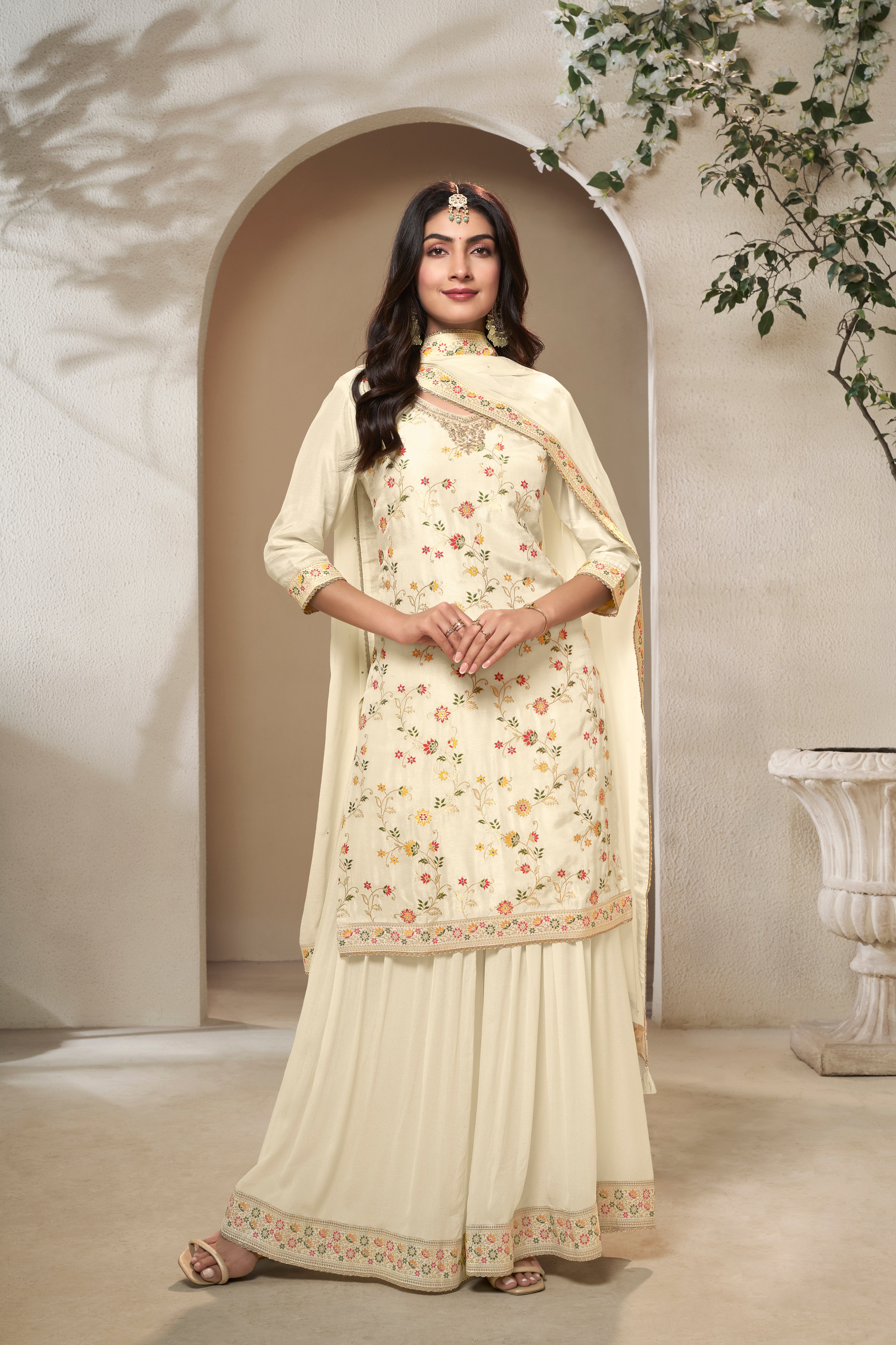 Cream Dola Silk Kurta & Divider Sharara Set