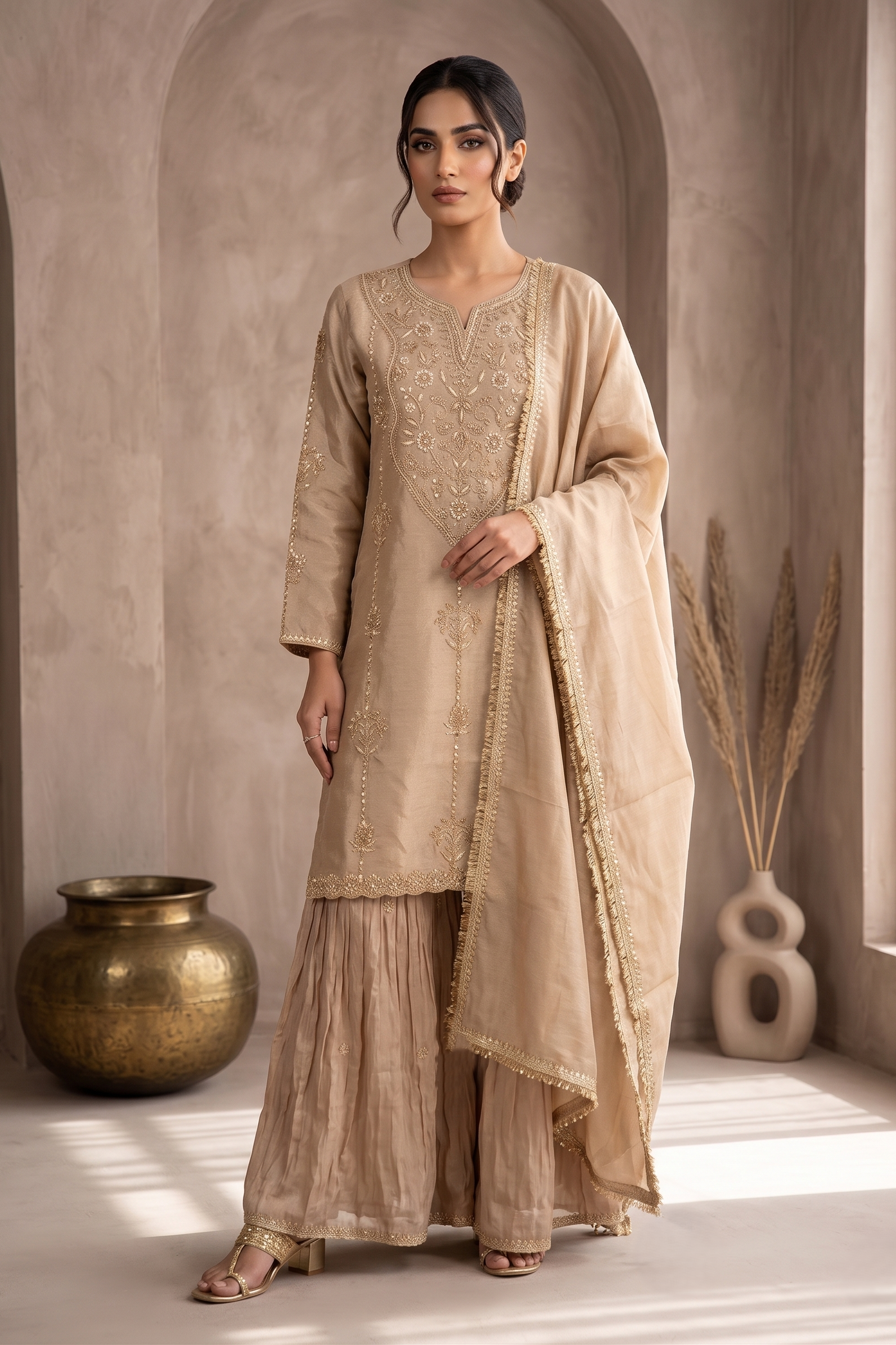 Champagne Beige Tissue Silk Sharara Set