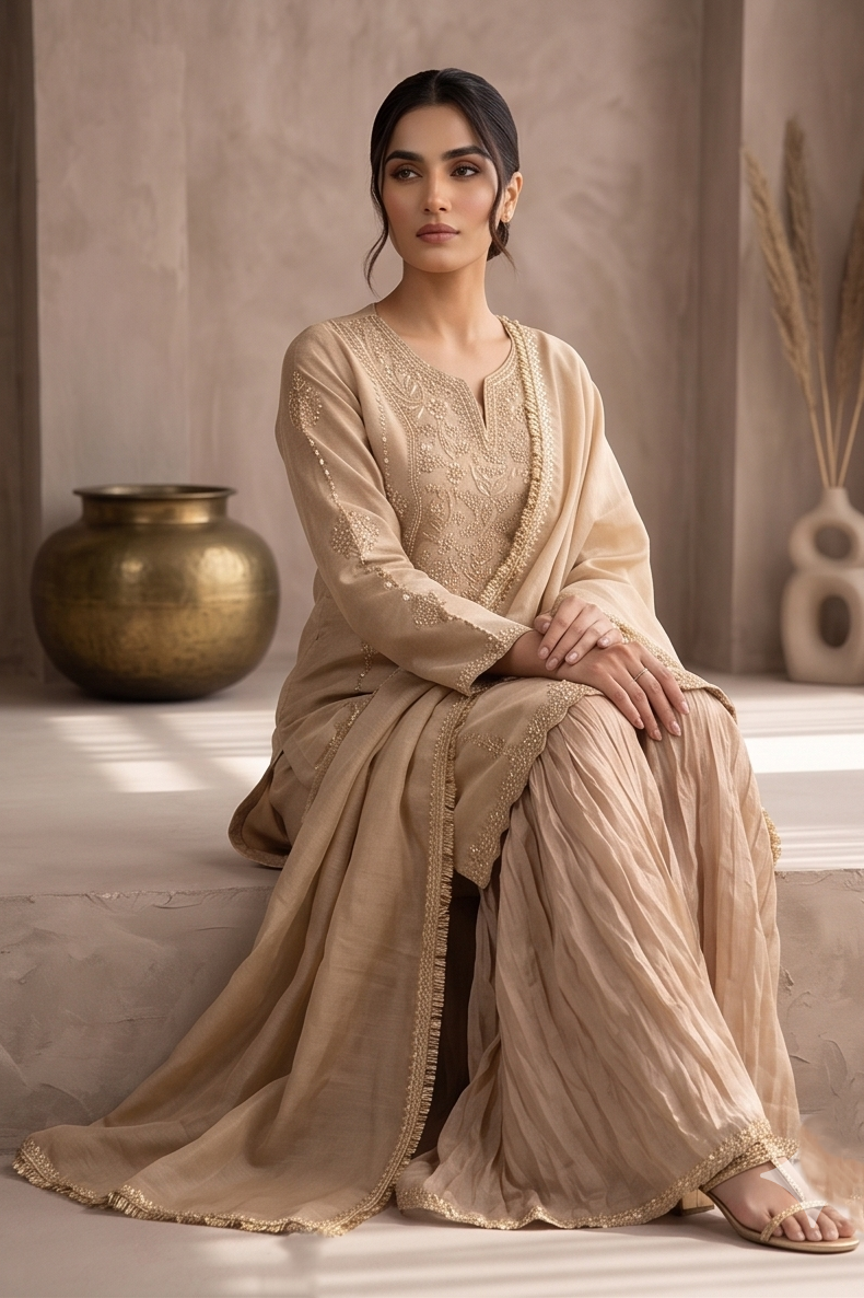 Champagne Beige Tissue Silk Sharara Set
