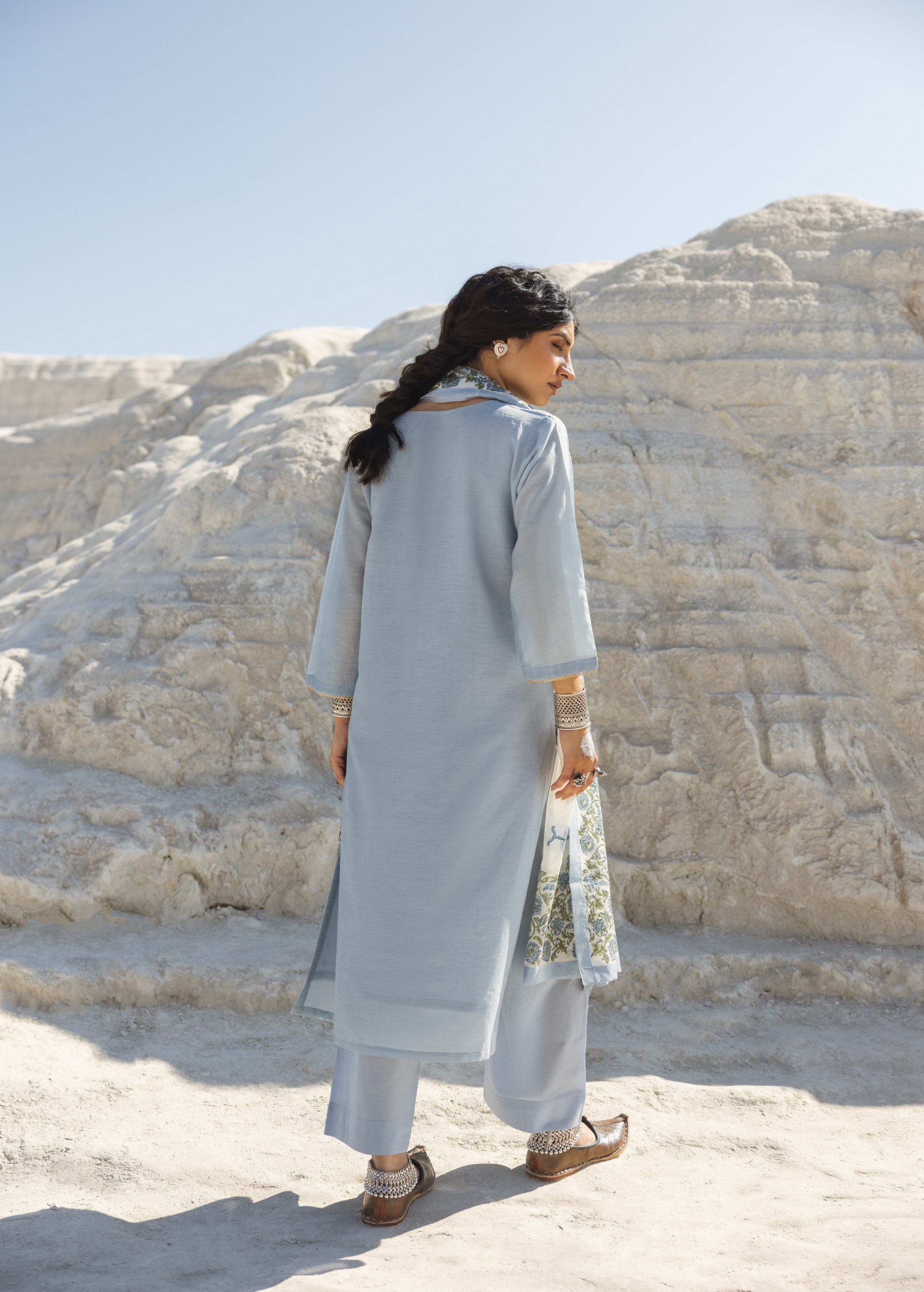 Powder Blue Embroidered Mul-Chanderi Silk Pant Set