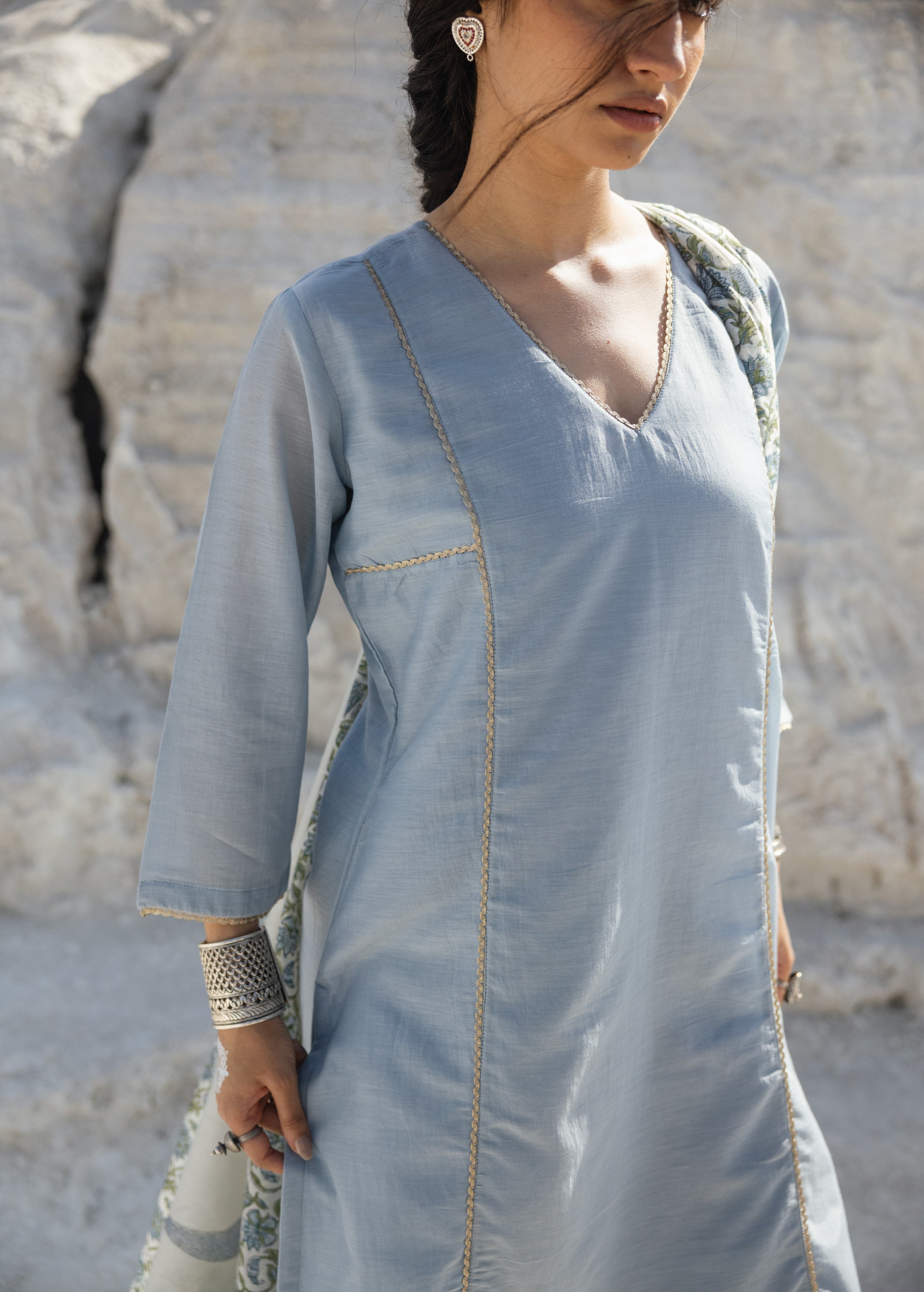 Powder Blue Embroidered Mul-Chanderi Silk Pant Set