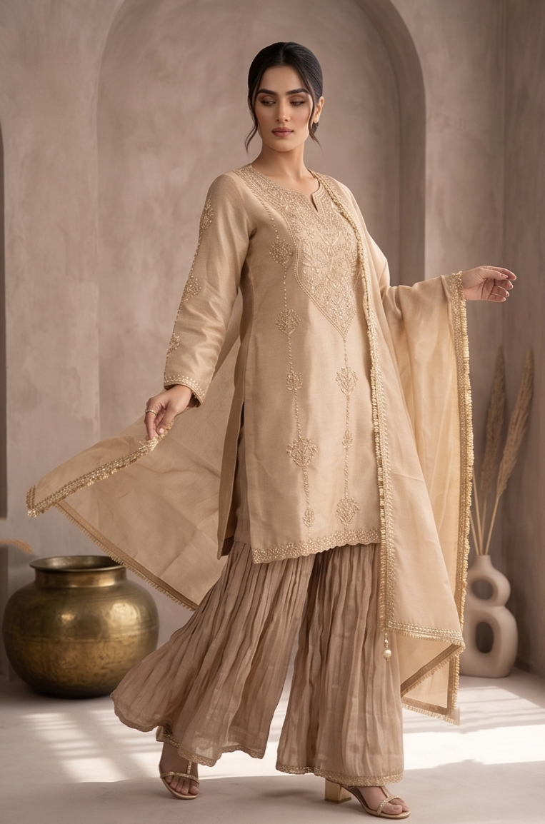 Champagne Beige Tissue Silk Sharara Set