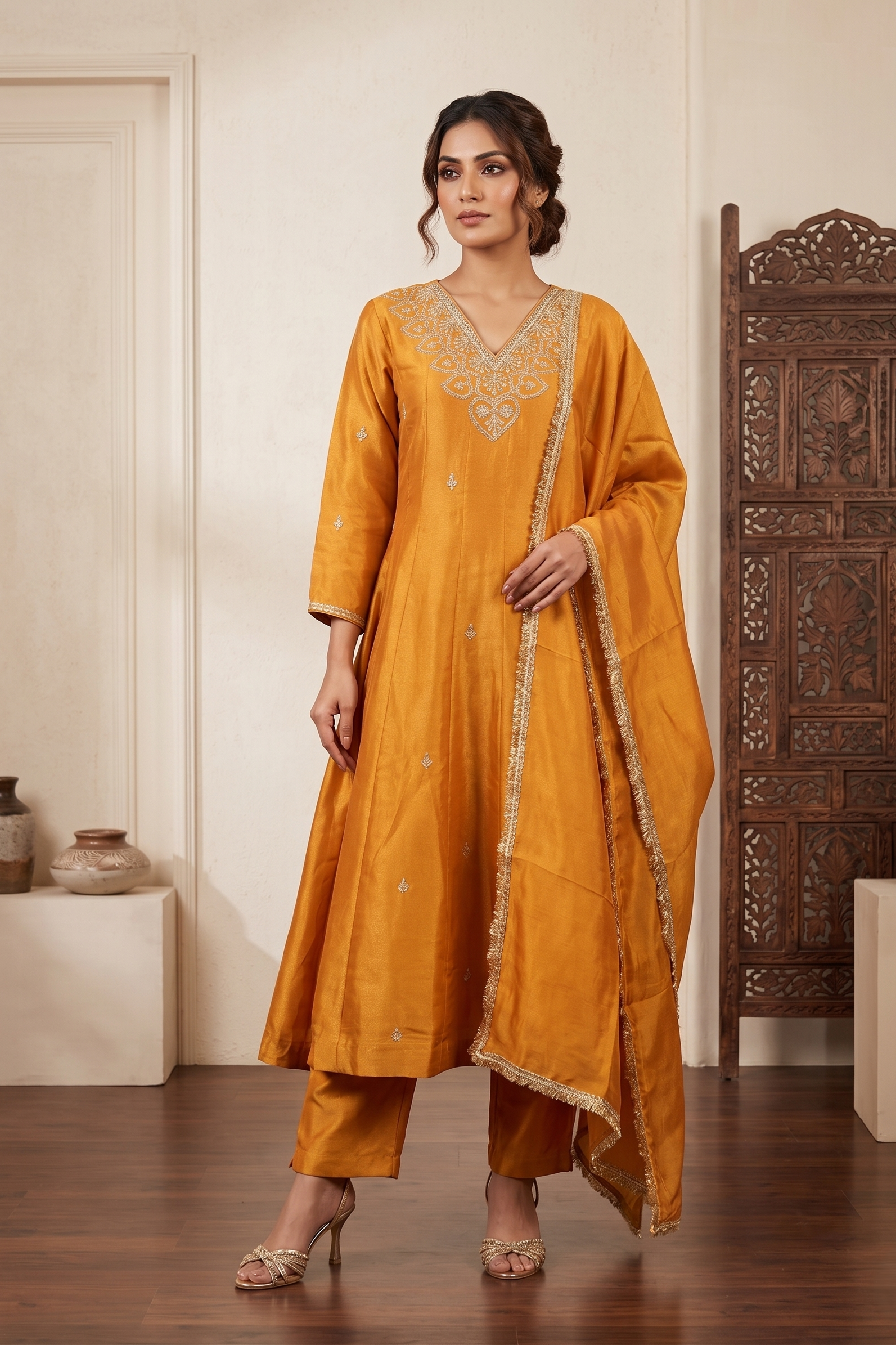 Mustard Yellow Tissue Silk Anarkali Suit Set