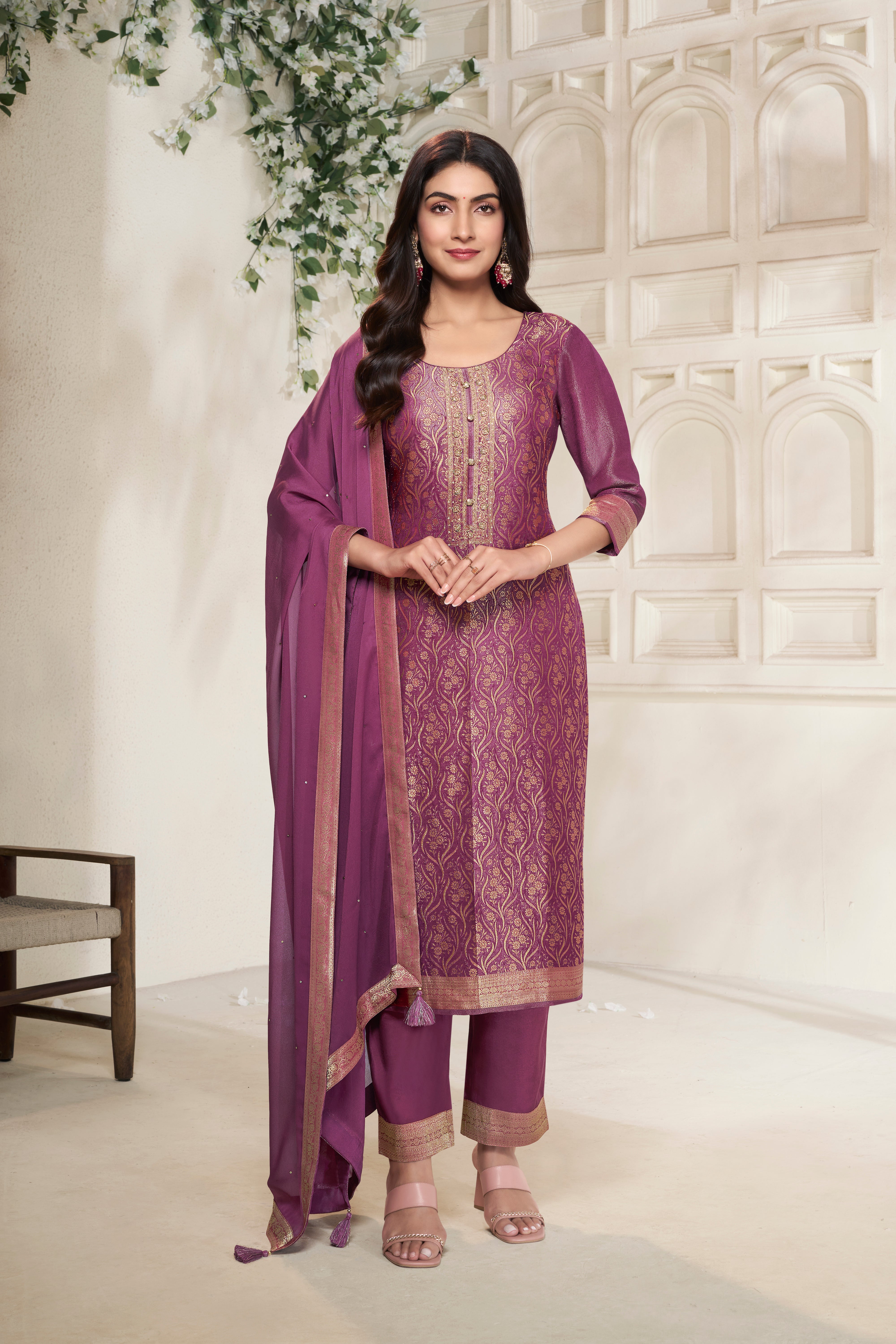 Deep Mauve Tissue Silk Kurta & Pant Set