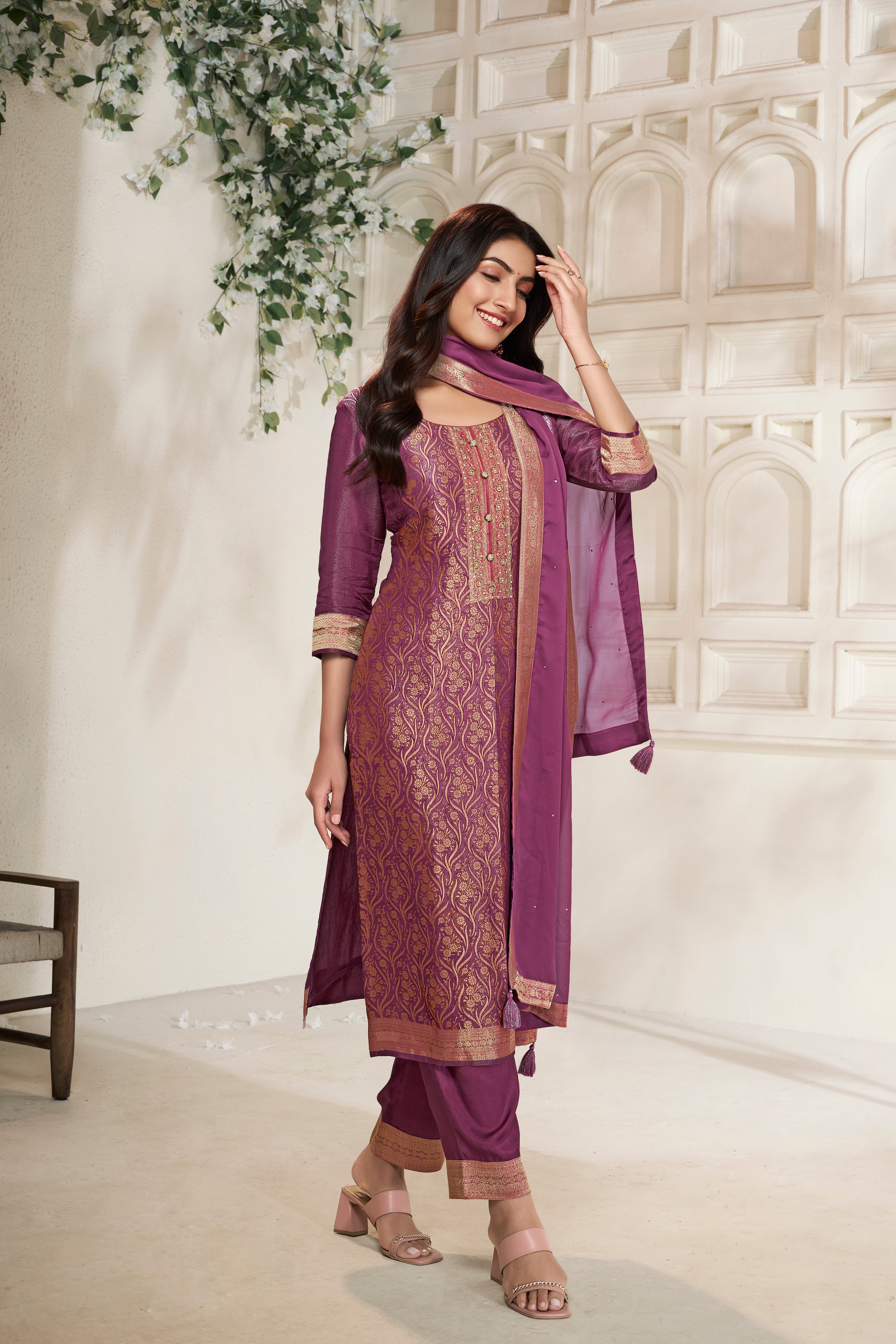 Deep Mauve Tissue Silk Kurta & Pant Set