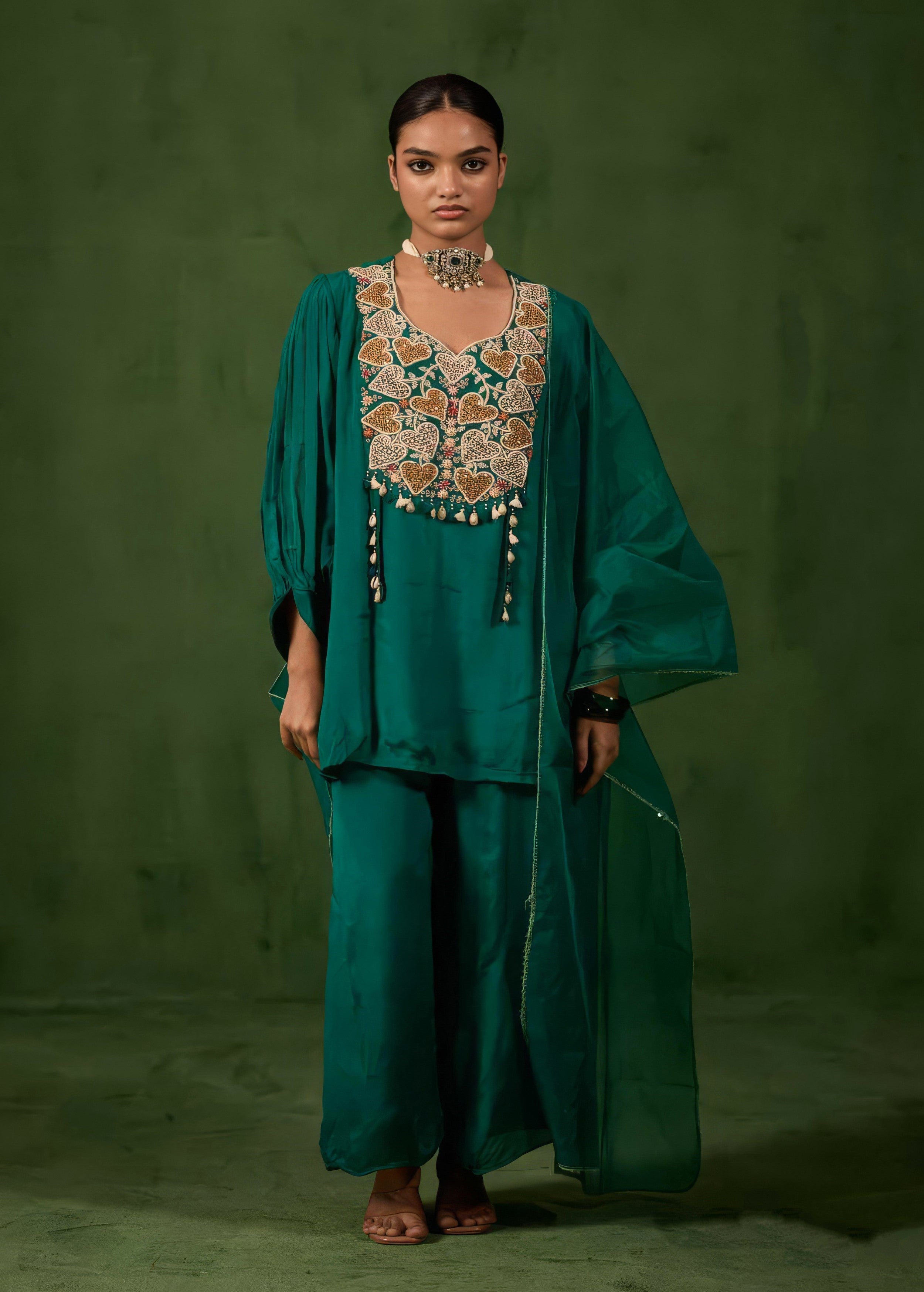 Teal Green Embellished Chinon Silk Palazzo Set