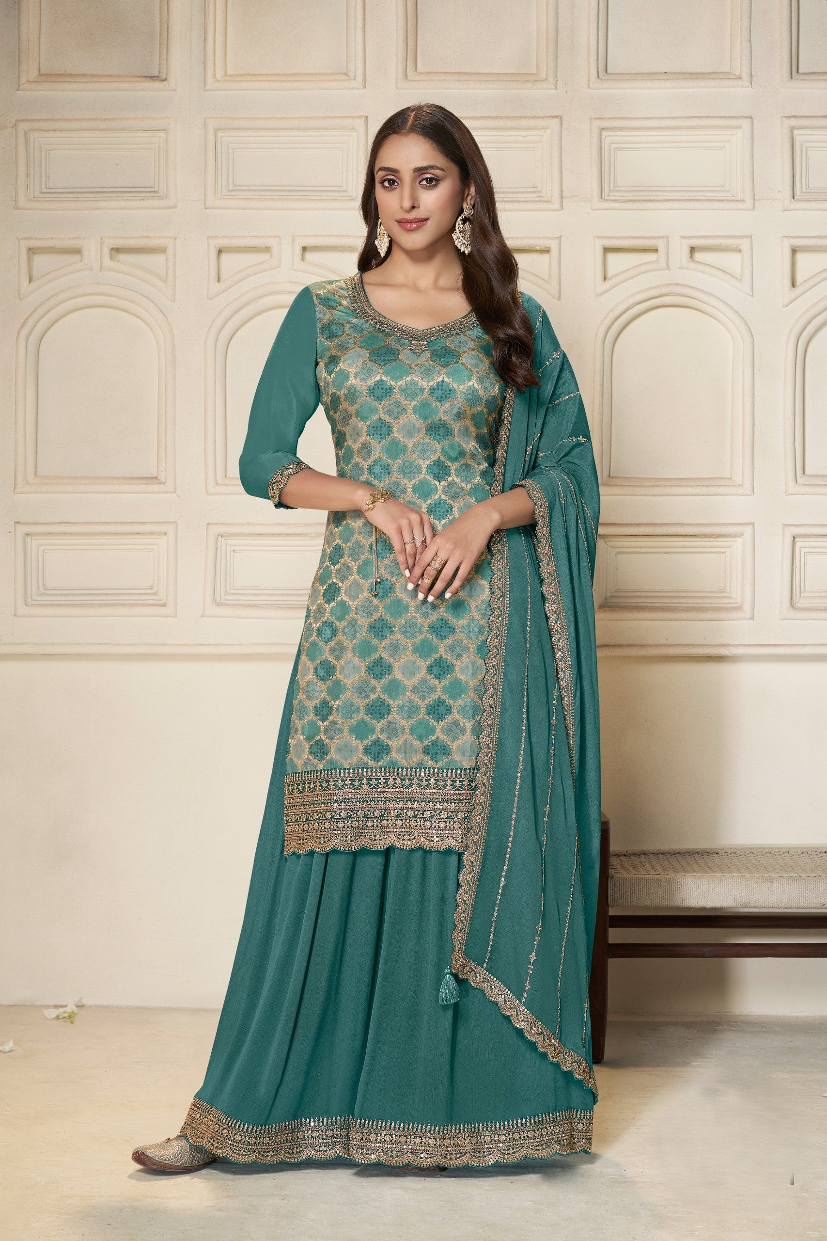 Teal Embellished Banarasi Silk Palazzo Set
