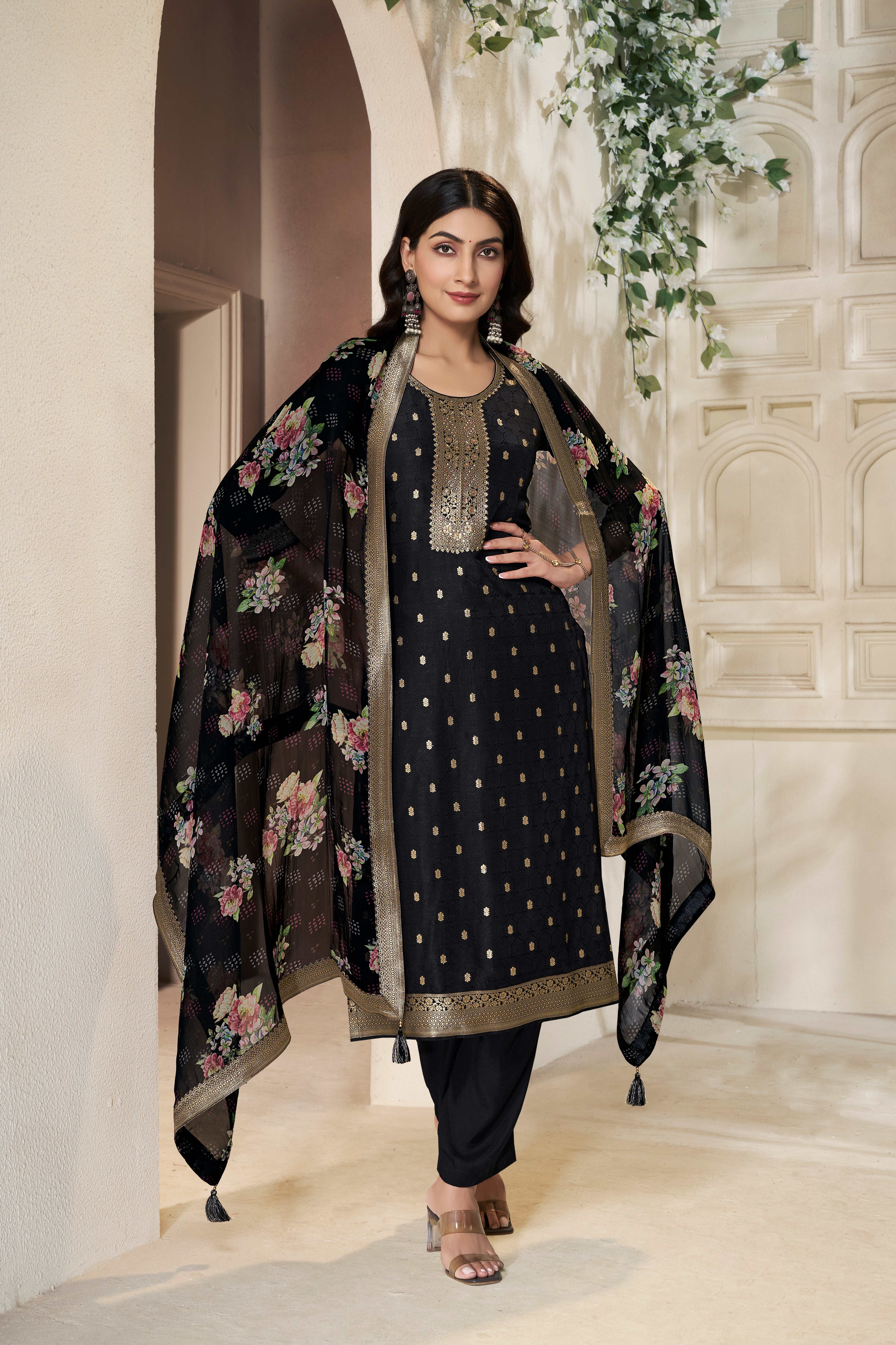 Cosmic Black Dola Silk Kurta & Pant Set
