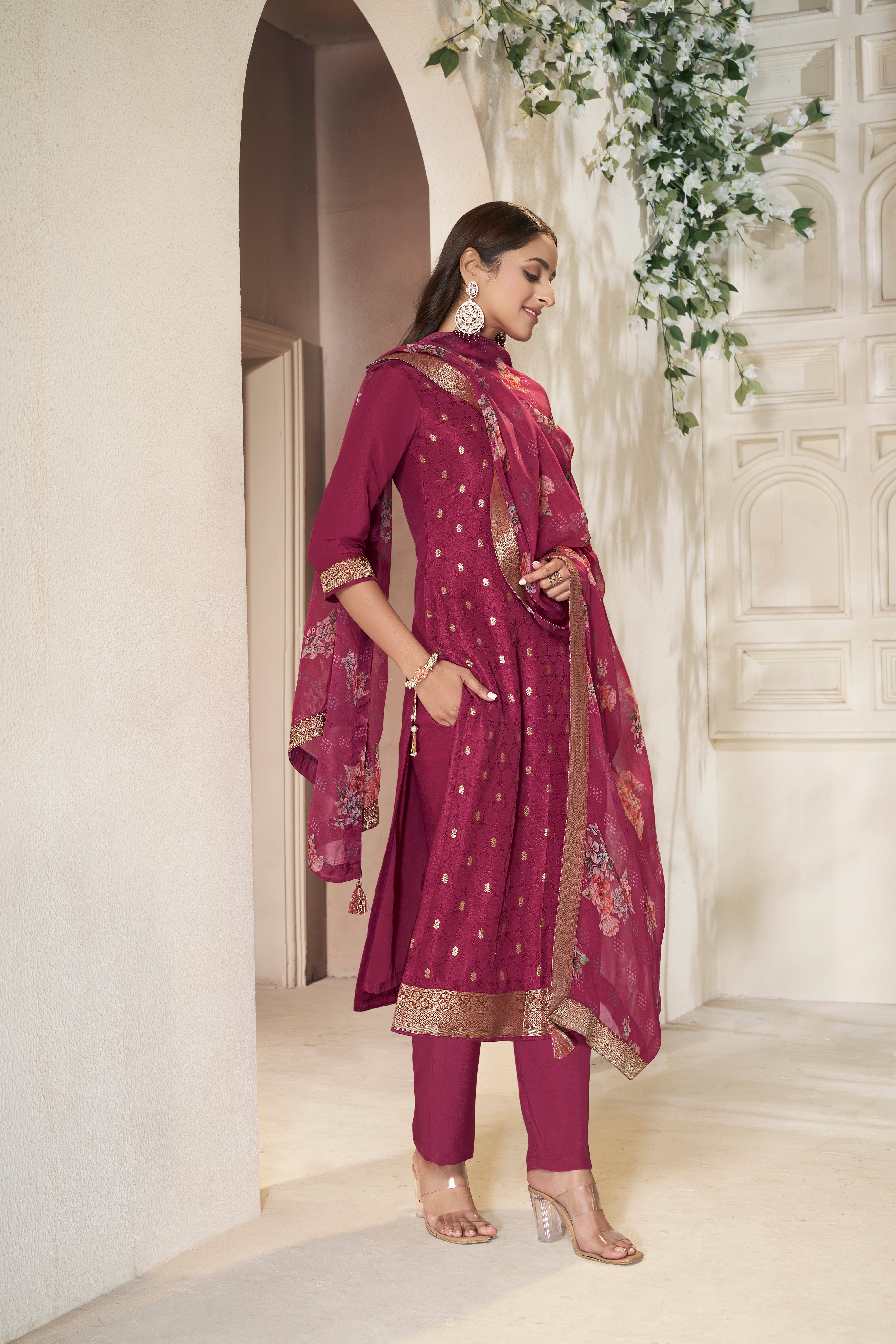 Traditional Maroon Dola Silk Kurta & Pant Set