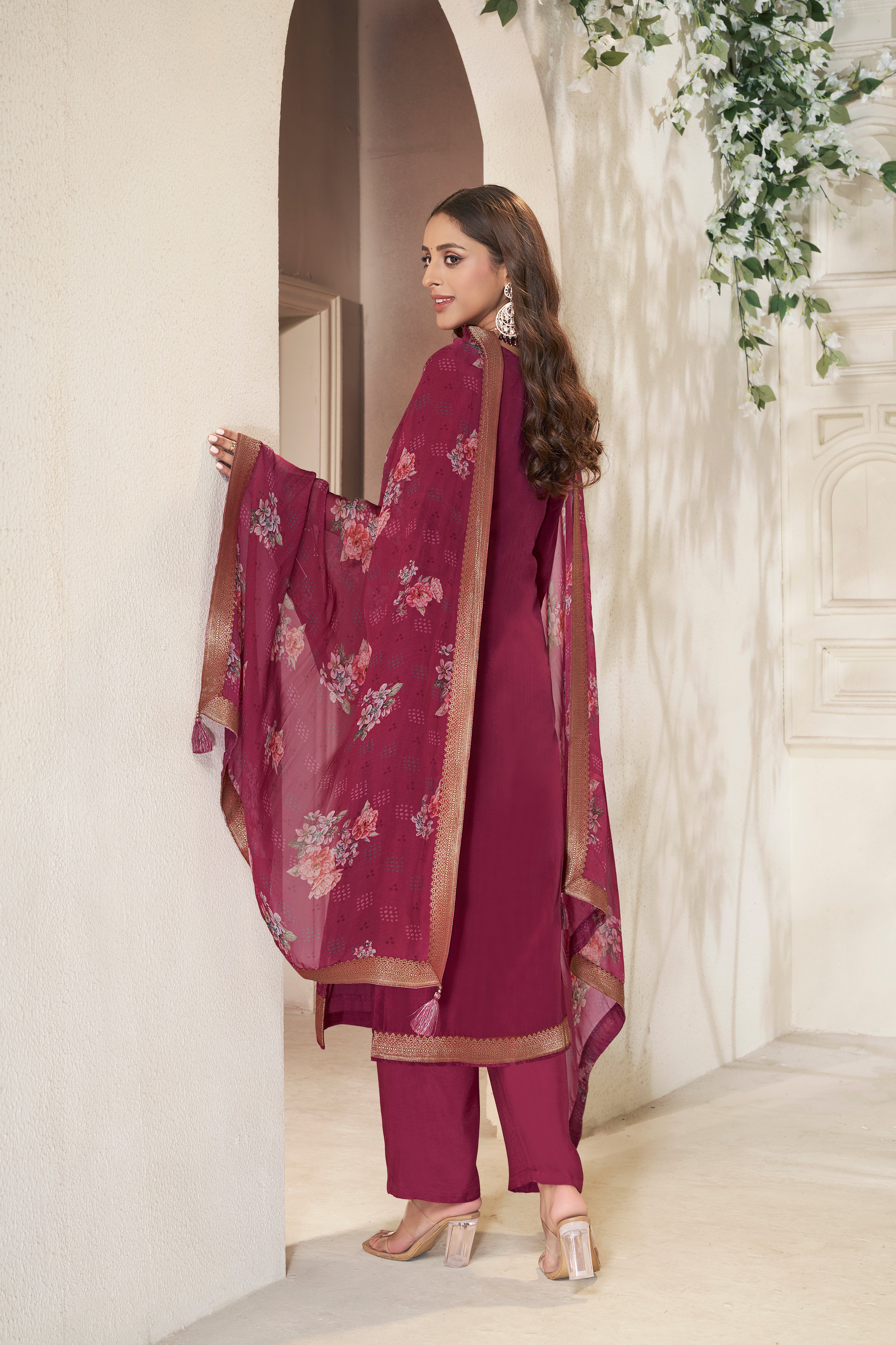 Traditional Maroon Dola Silk Kurta & Pant Set