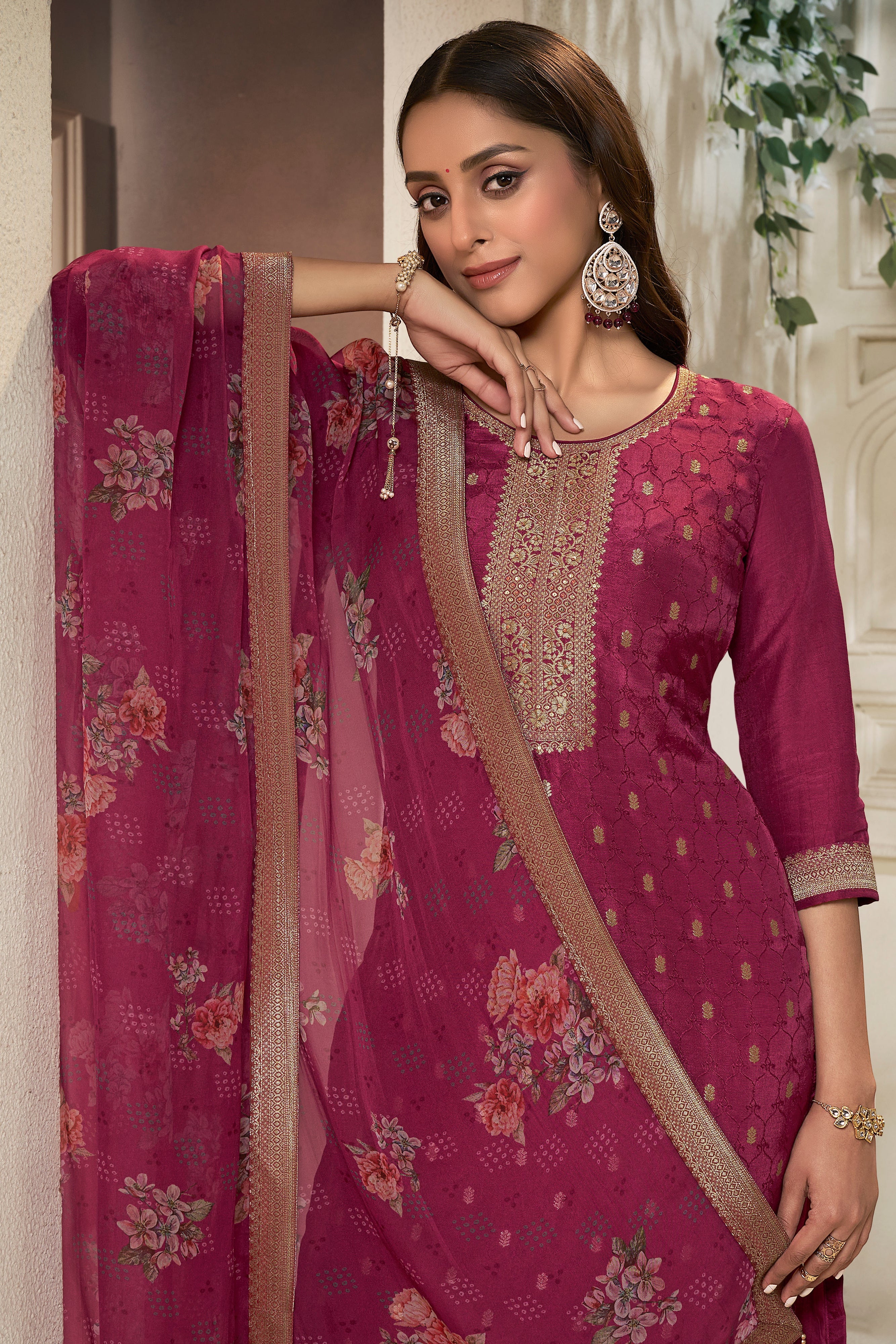 Traditional Maroon Dola Silk Kurta & Pant Set