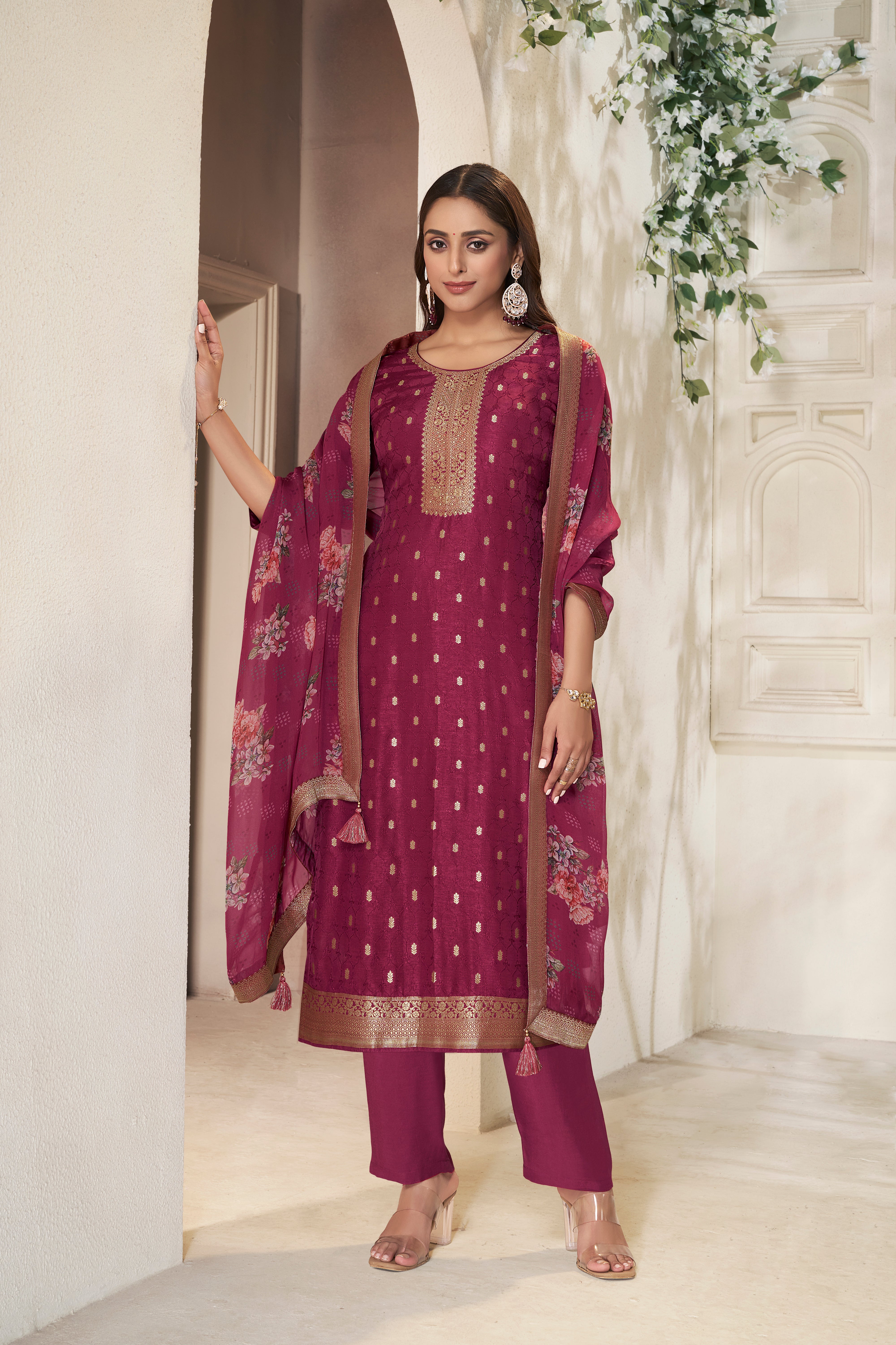 Traditional Maroon Dola Silk Kurta & Pant Set