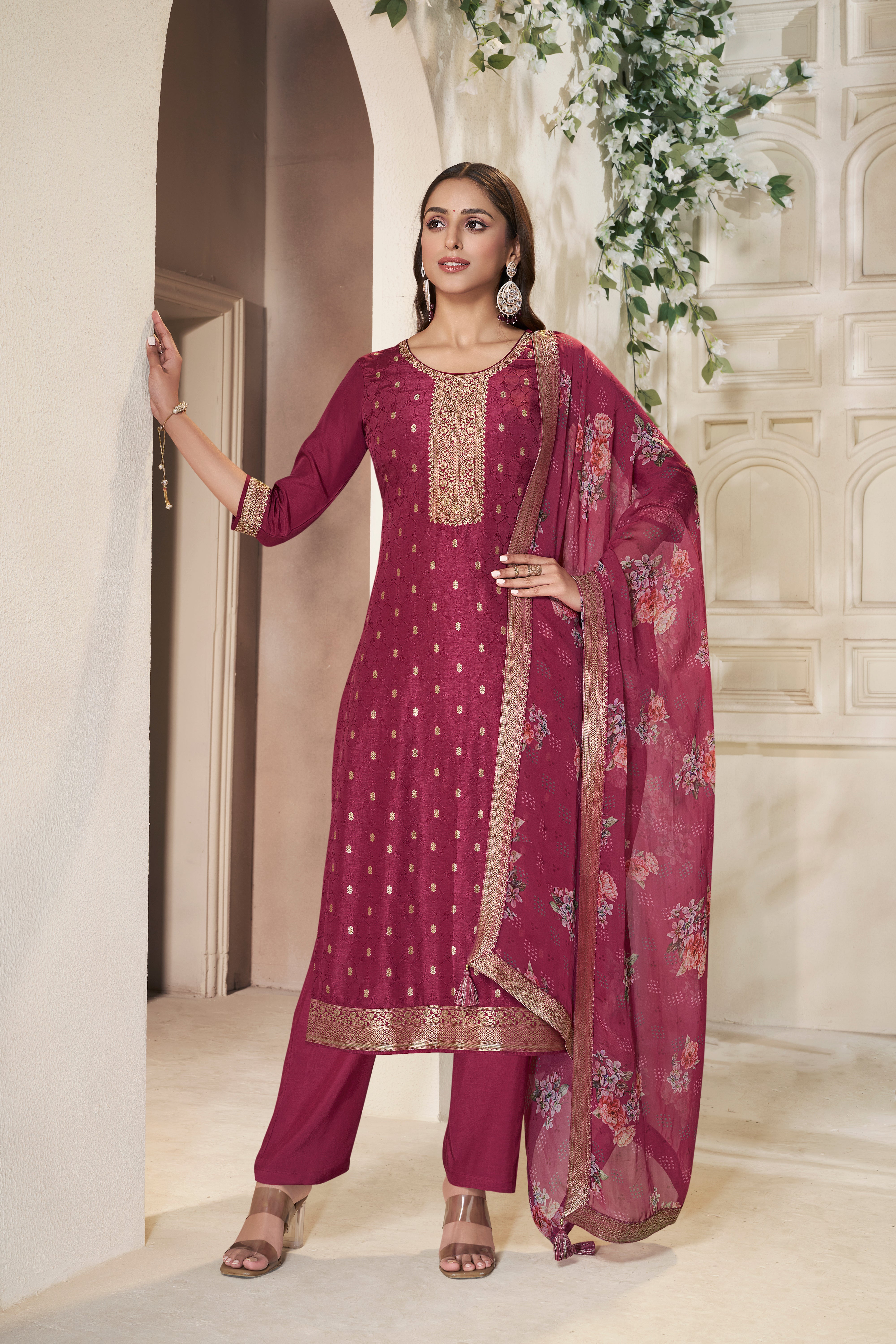 Traditional Maroon Dola Silk Kurta & Pant Set