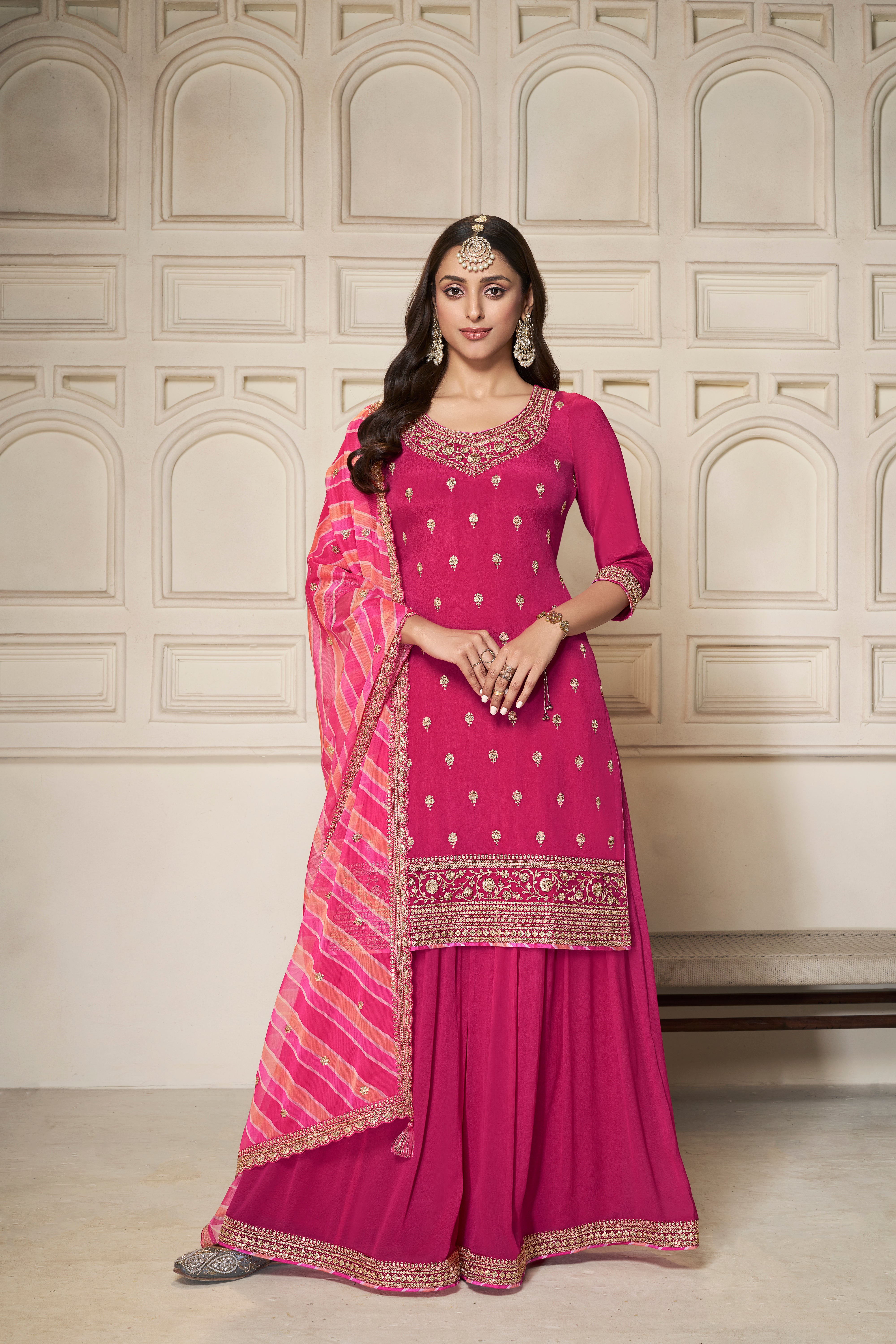 Crimson Pink Leheriya Kurta & Palazzo Set