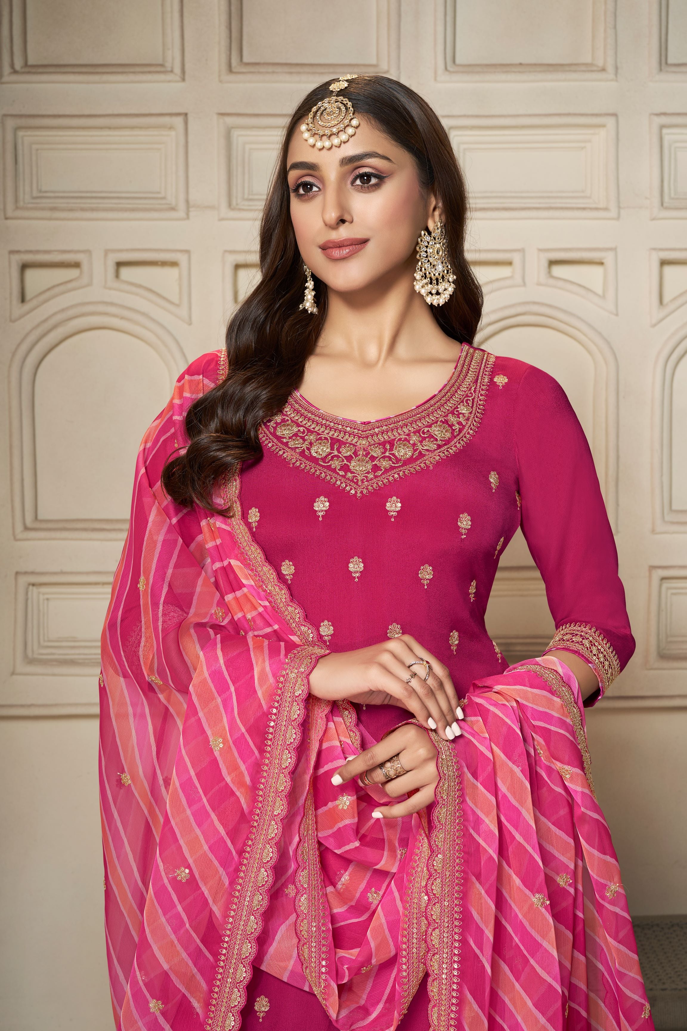 Crimson Pink Leheriya Kurta & Palazzo Set