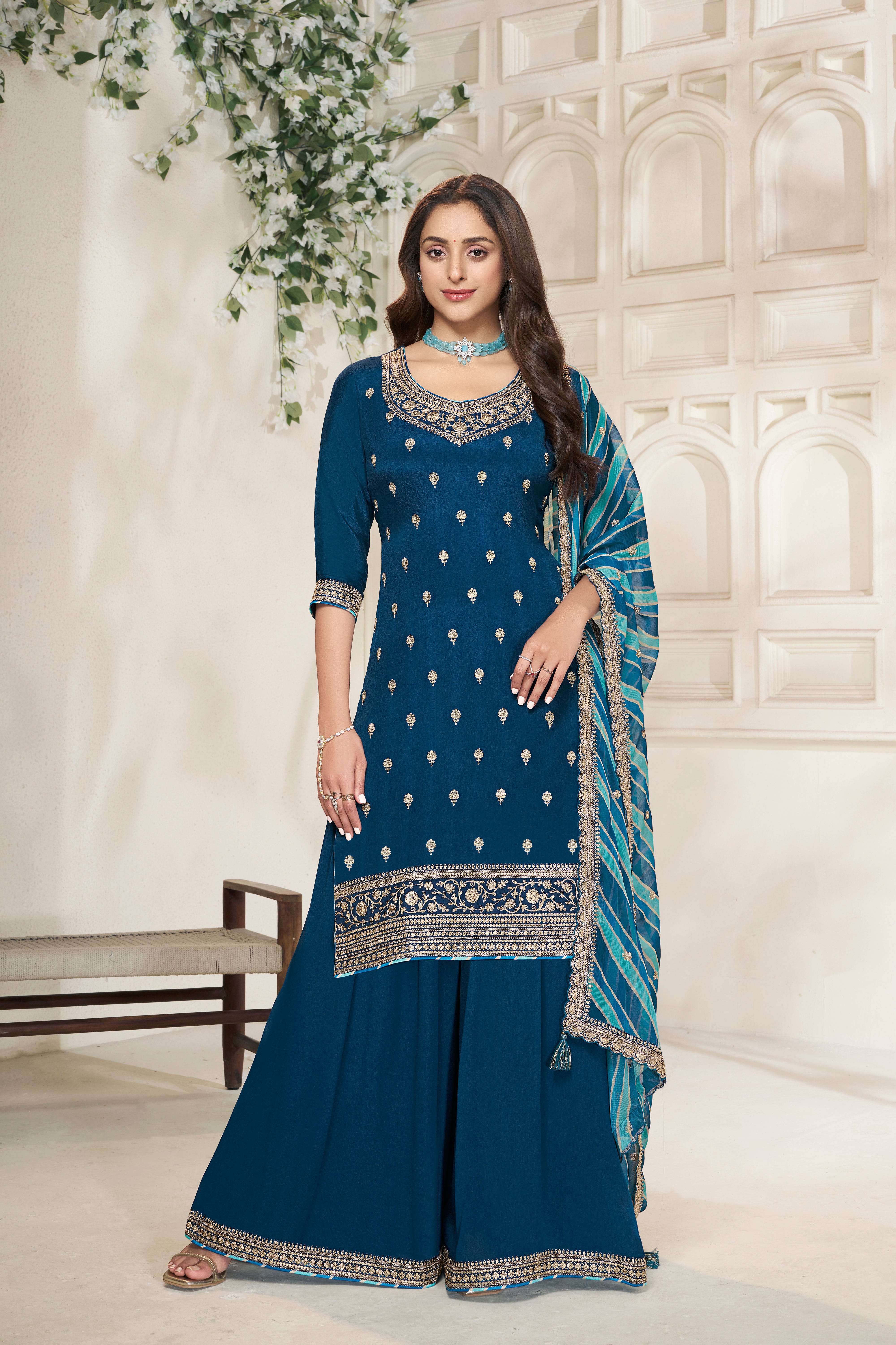 Sapphire Blue Leheriya Kurta & Palazzo Set