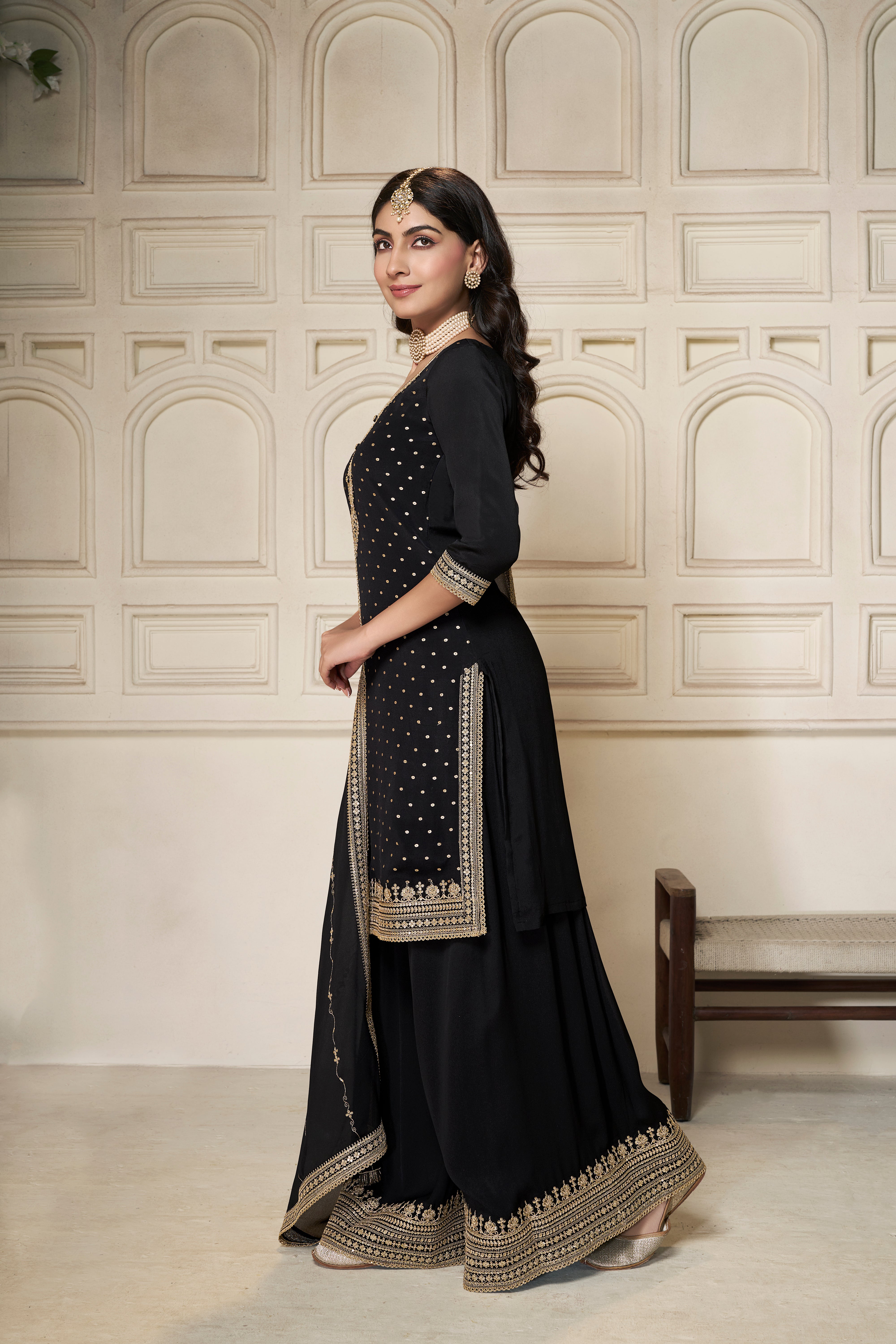Nightingale Black Chinon Silk Kurta & Divider Sharara Set