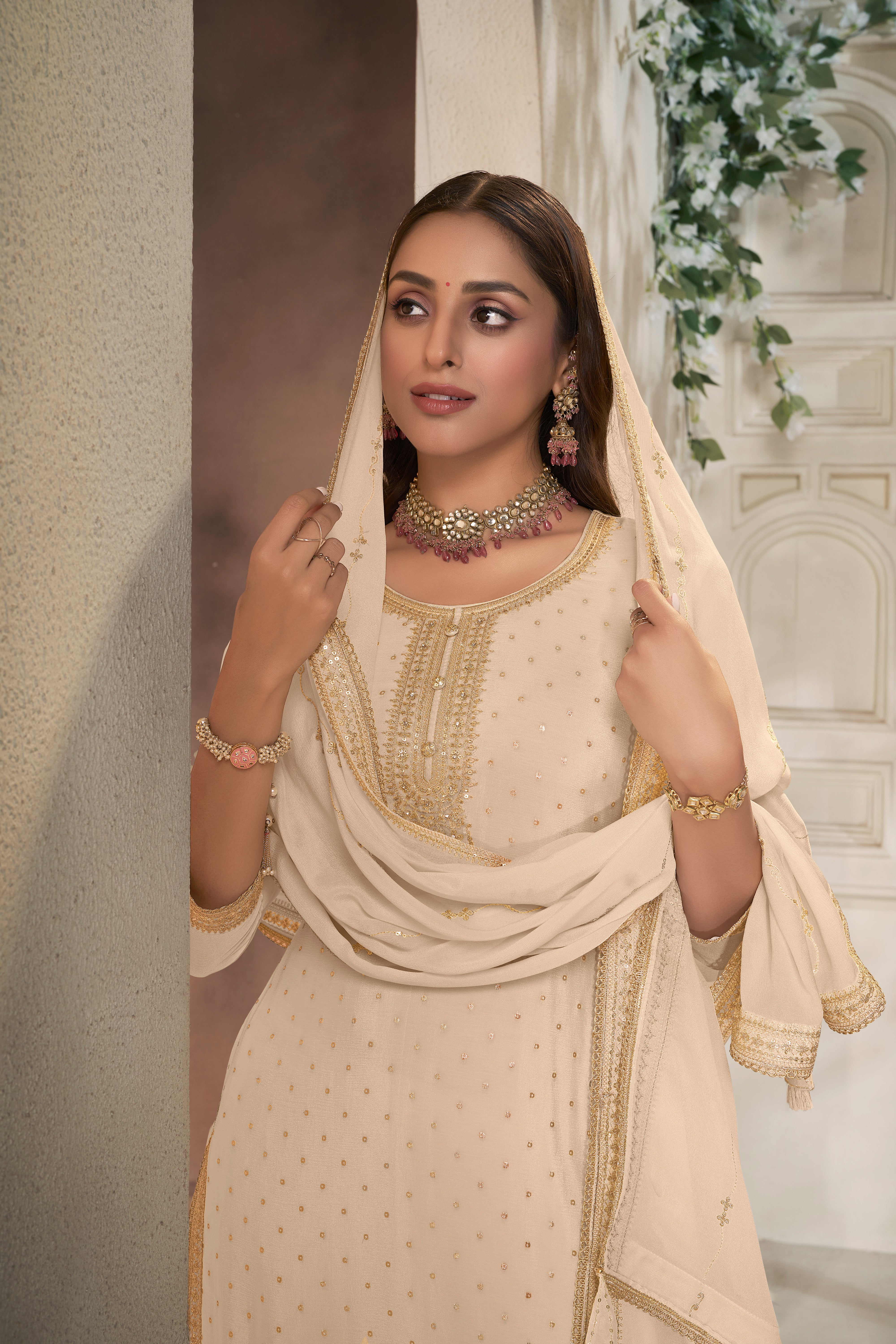Gentle Off-White Chinon Silk Kurta & Divider Sharara Set