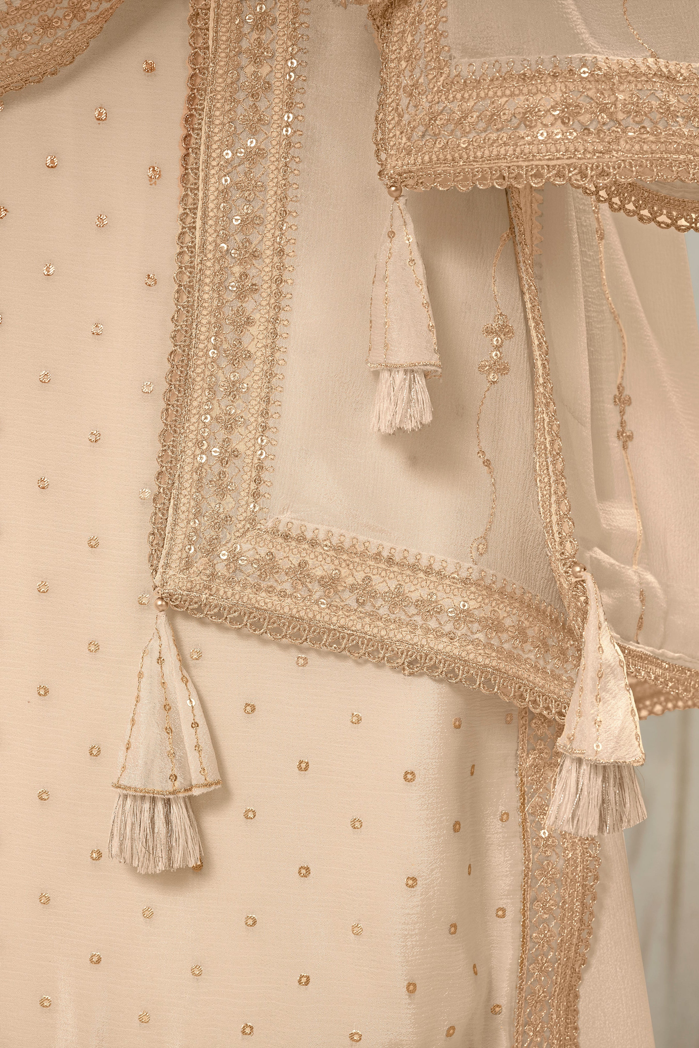 Gentle Off-White Chinon Silk Kurta & Divider Sharara Set