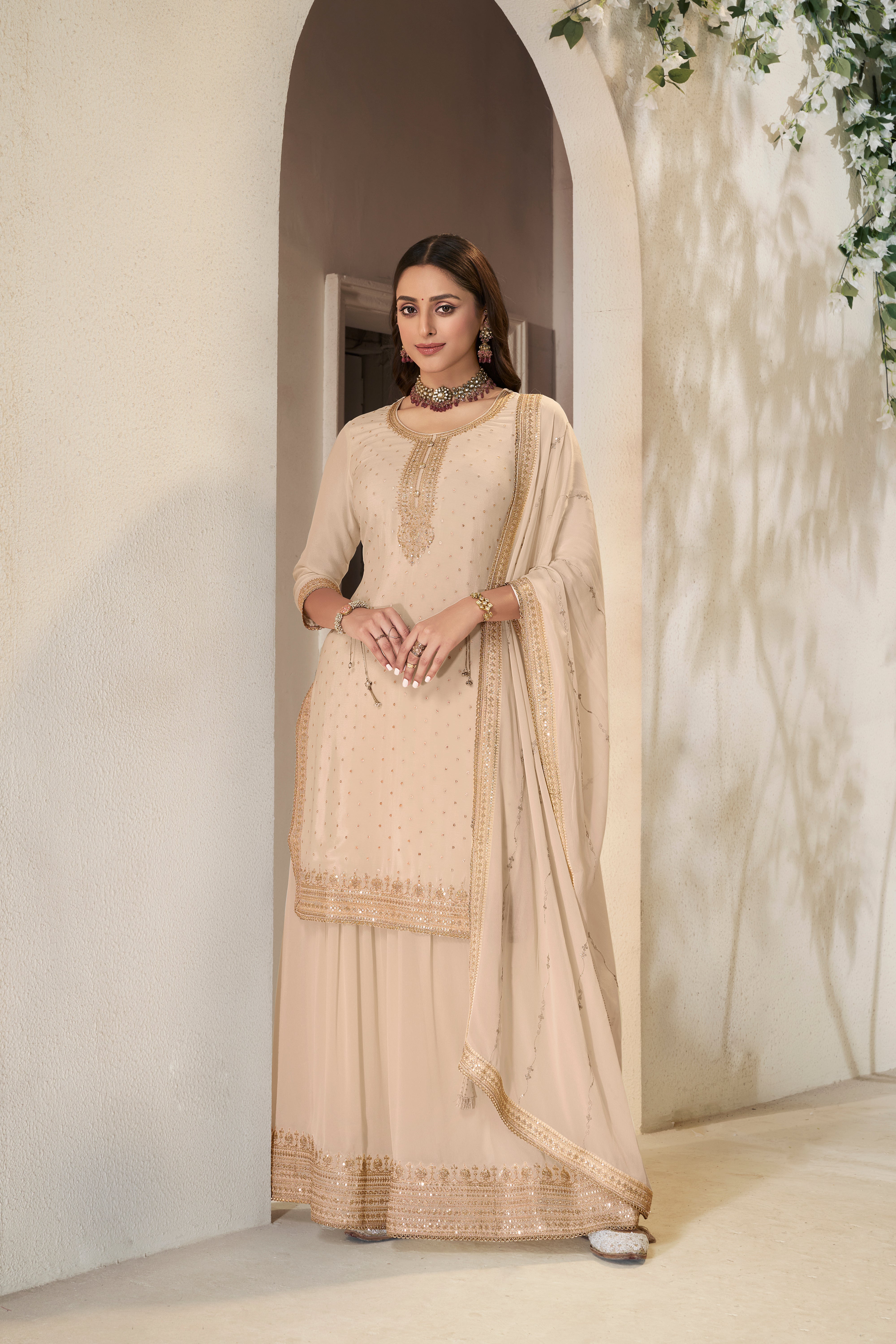 Gentle Off-White Chinon Silk Kurta & Divider Sharara Set