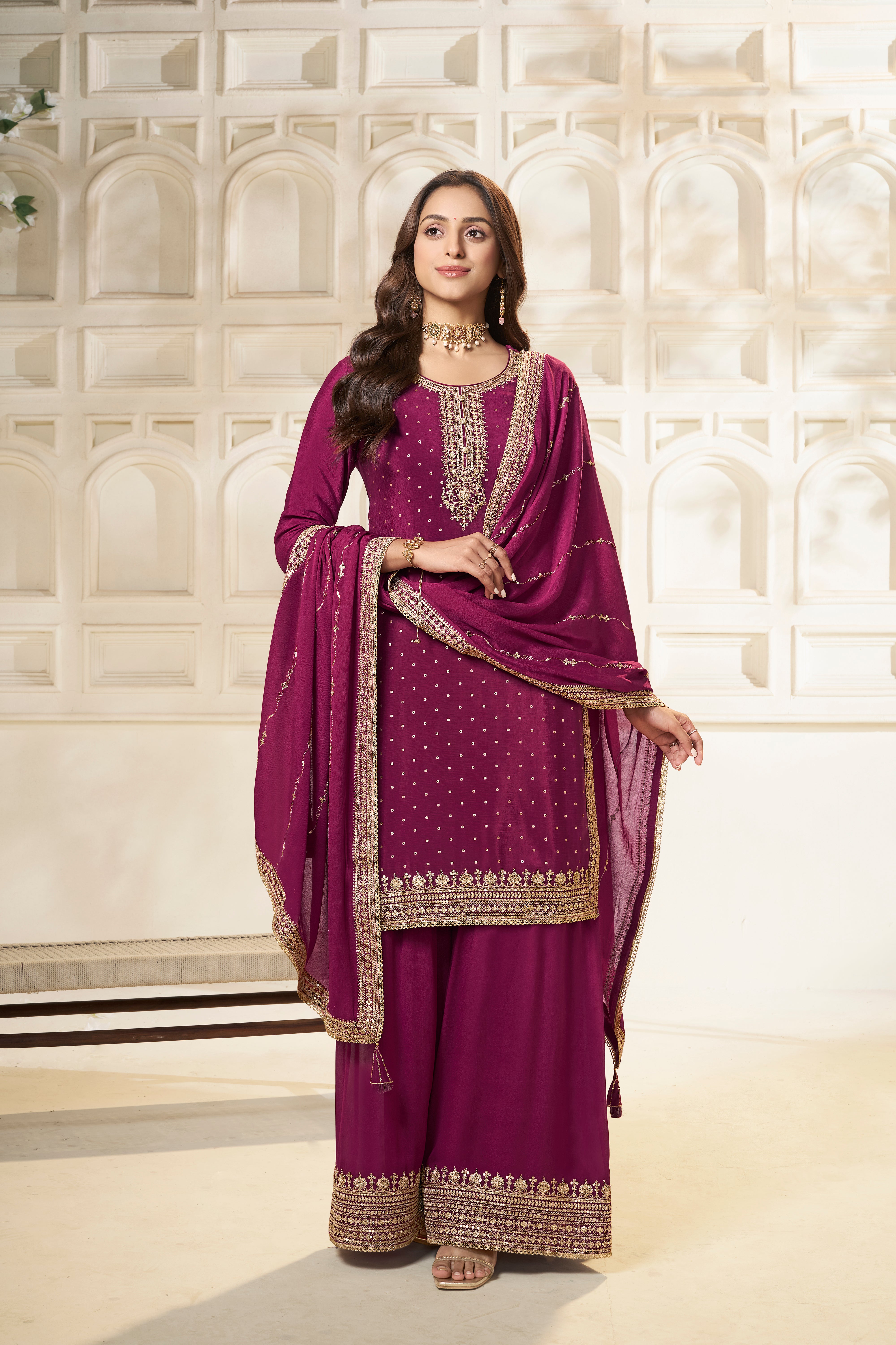 Wine Chinon Silk Kurta & Divider Sharara Set