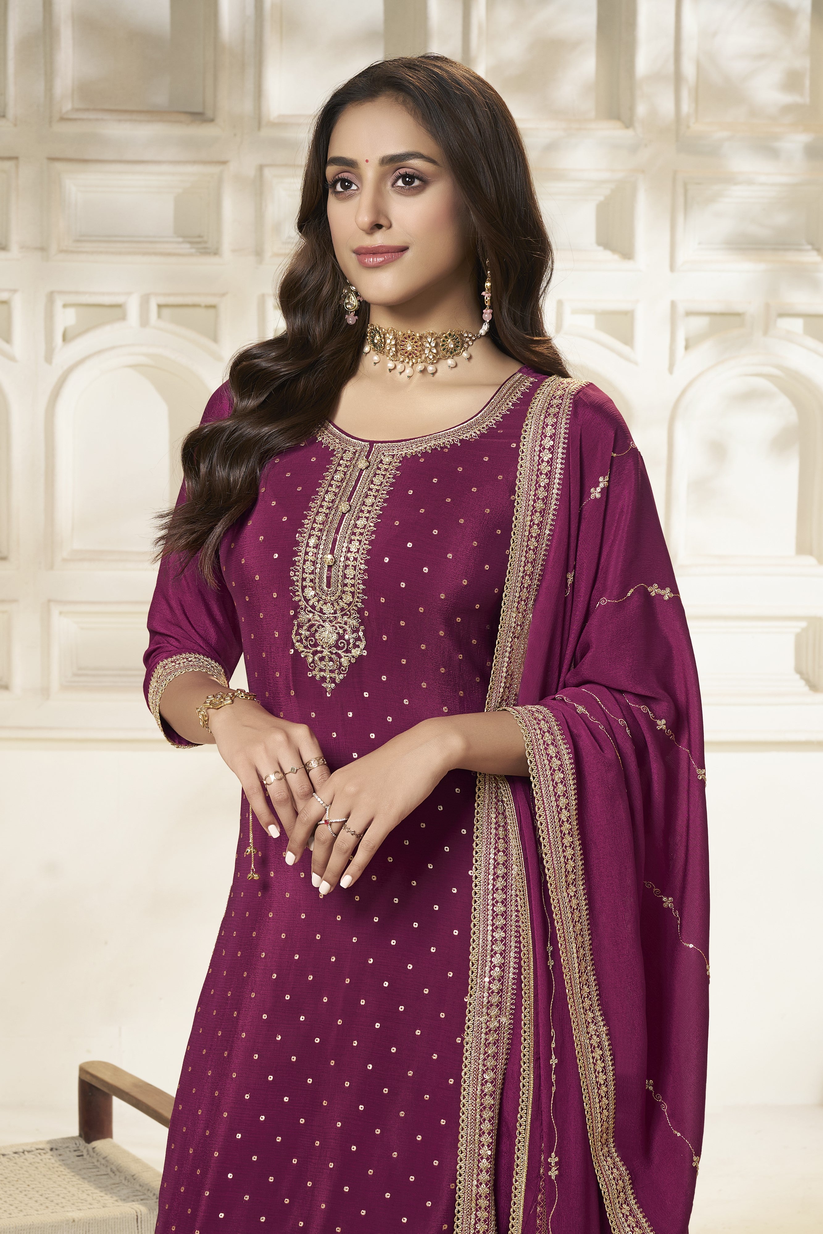Wine Chinon Silk Kurta & Divider Sharara Set