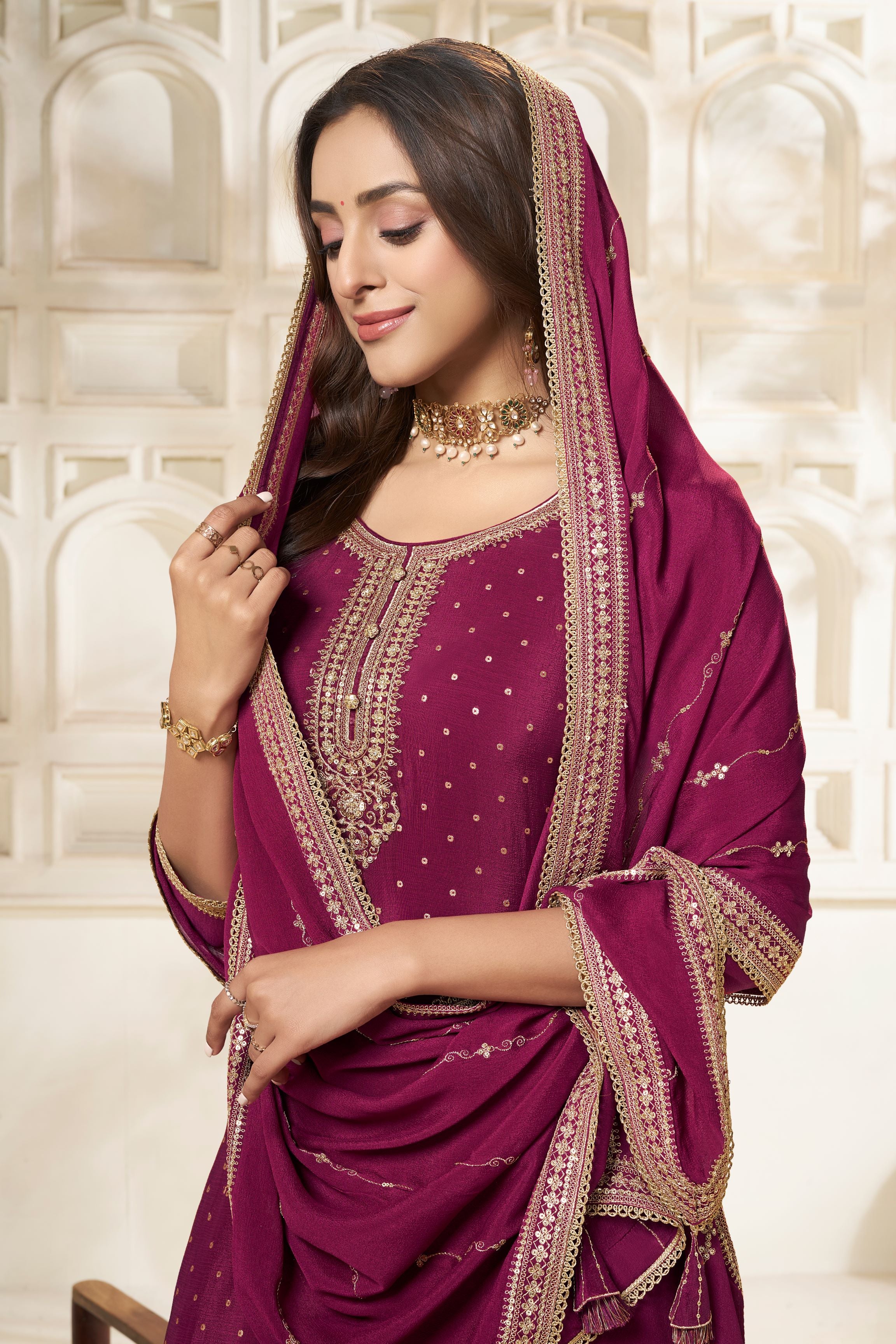 Wine Chinon Silk Kurta & Divider Sharara Set